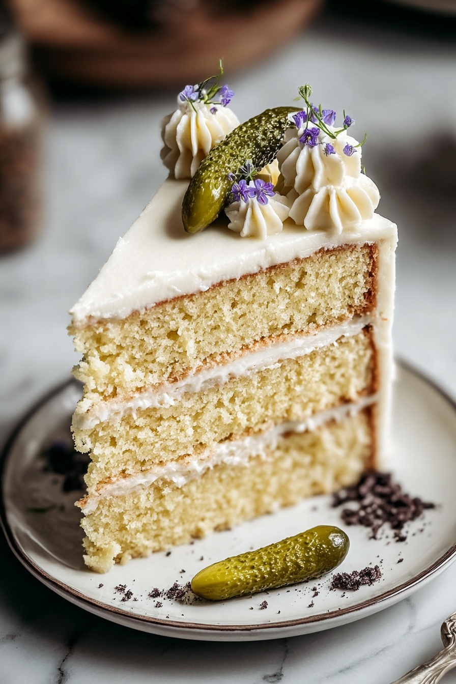 A slice of three-layer cake with light yellow sponge and white creamy frosting between each layer sits on a white plate with speckles, beside a silver fork. The top layer of the cake slice is decorated with three small green pickle slices and some crushed green crumbs. In the background, the full cake, frosted in white with the same small green pickles on top, is on a beige cake stand with a wooden base, all set on a gray surface with a white marbled texture. A white cup and a crumpled beige napkin lay nearby. Photo taken with an iphone --ar 2:3 --v 7