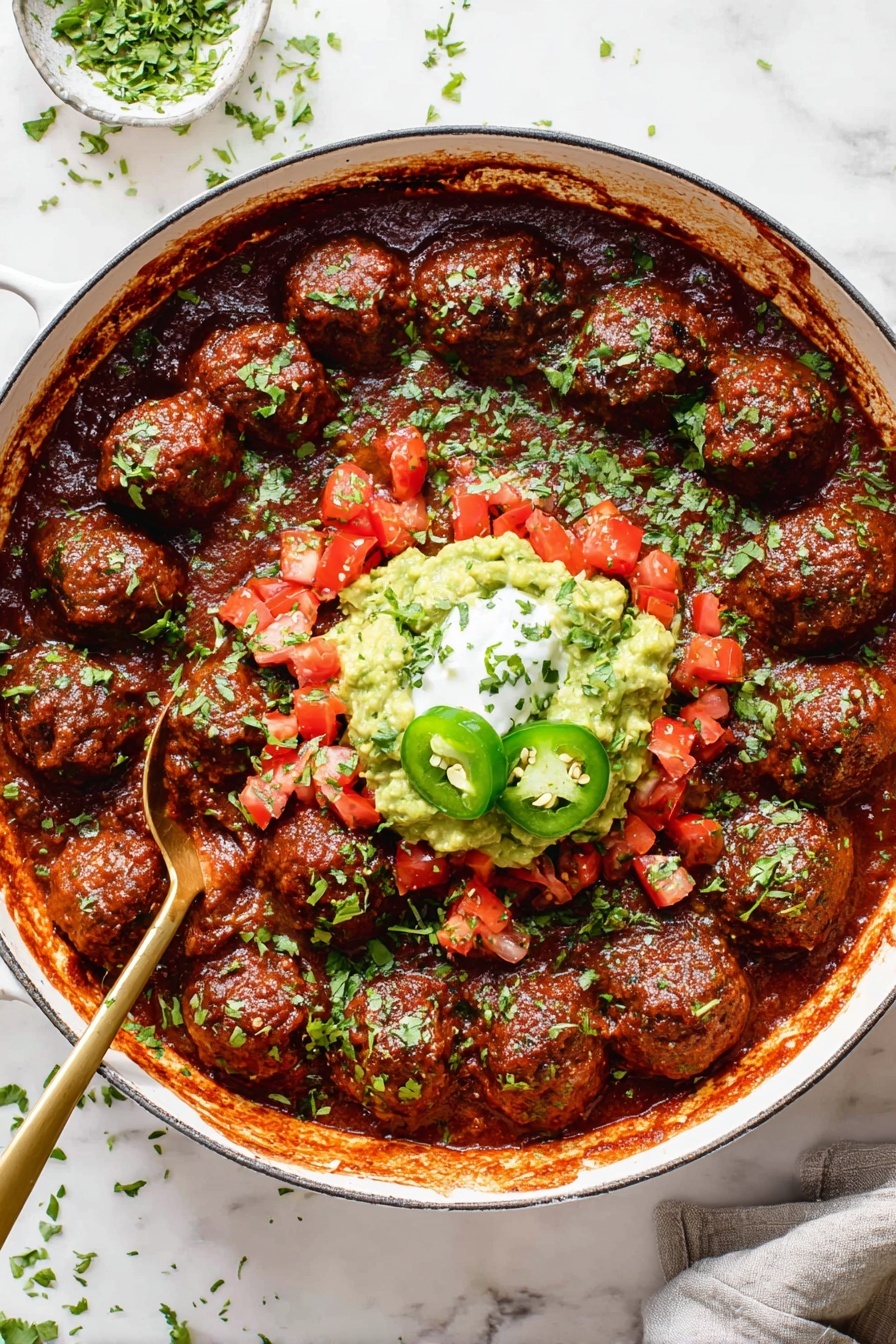 A round white pan filled with dark red rich sauce covering many evenly shaped meatballs arranged in a circular pattern. In the center of the pan, there is a mound of three toppings layered: creamy white sour cream at the base, bright green guacamole on part of it, and fresh red diced tomatoes scattered on top. Slices of light green jalapeño peppers rest on the sour cream and around the toppings. All over the dish, finely chopped green herbs are sprinkled. A gold spoon is partially dipped into the sauce on the left side of the pan. The pan sits on a white marbled surface with some chopped green herbs scattered around. photo taken with an iphone --ar 2:3 --v 7