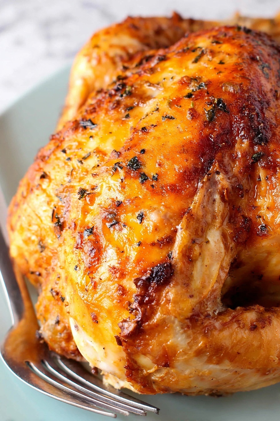 A close-up of a large roasted chicken piece with golden brown crispy skin, showing a mix of light and dark orange shades with small blackened herb bits scattered on top. The chicken has a textured surface with some shiny, moist spots, and is resting on a white plate with a silver fork touch visible on the left side. The background is a white marbled surface. photo taken with an iphone --ar 2:3 --v 7