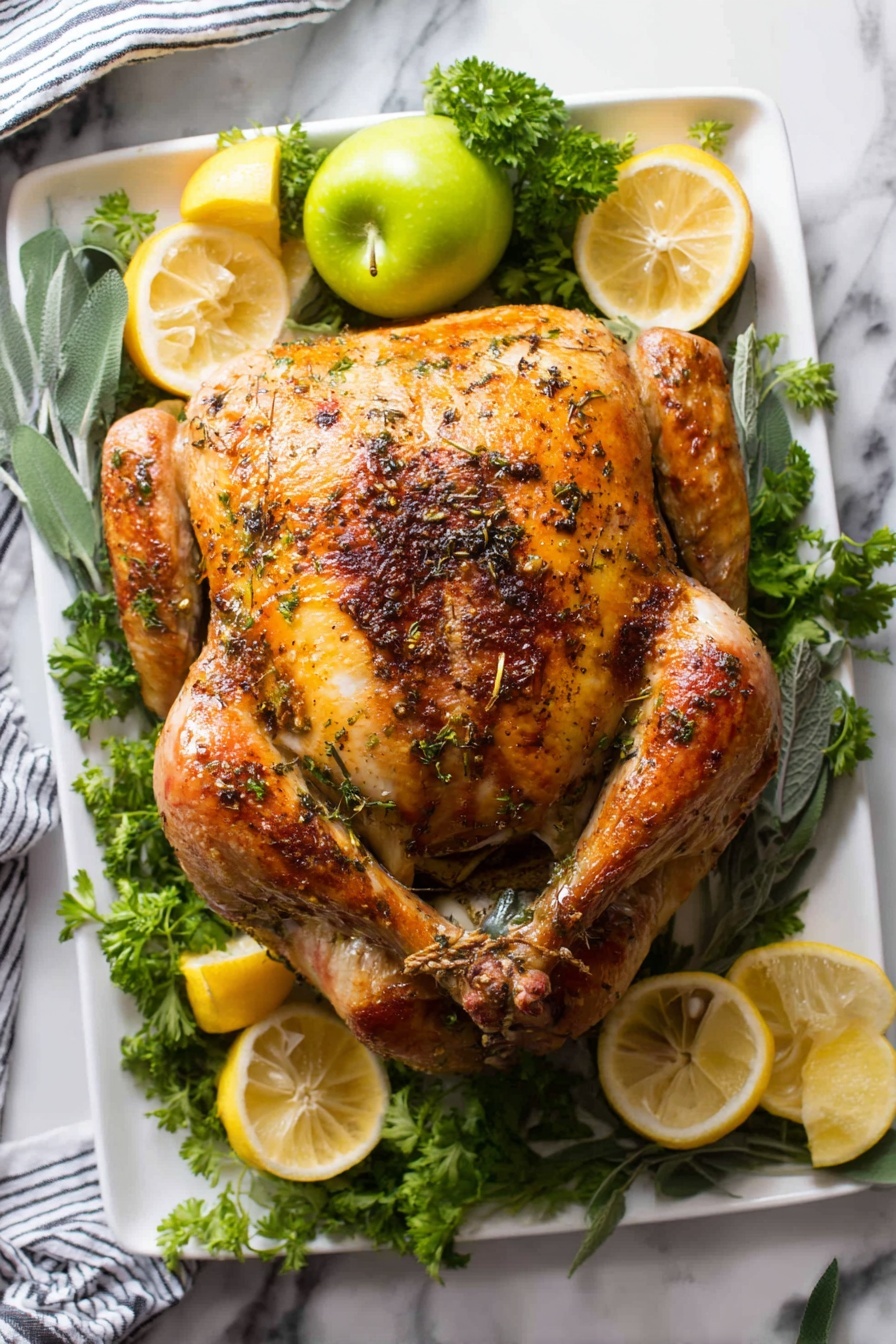 A whole roasted chicken with golden-brown crispy skin is placed in the center of a white rectangular plate. The chicken is seasoned with visible herbs and spices. Surrounding the chicken are fresh green herbs, including parsley and sage, with a few sprigs of rosemary underneath. There are four lemon halves placed around the chicken, adding bright yellow color, along with a whole green apple near the top edge. The plate is set on a white marbled surface with a striped cloth partially visible in the background. Photo taken with an iphone --ar 2:3 --v 7