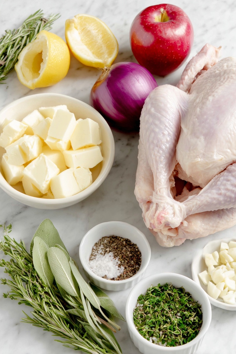 Flat lay of a whole fresh raw turkey with pale pink skin, a peeled onion quartered into four pieces, a bright yellow lemon quartered, a shiny red apple quartered, small fresh rosemary sprigs, fresh thyme sprigs with tiny leaves, fresh sage sprigs with soft green leaves, a simple white ceramic bowl filled with softened pale yellow unsalted butter, a small white bowl of coarse salt crystals, a small white bowl of freshly ground black pepper, a small white bowl containing peeled garlic cloves, and a small white bowl of finely chopped mixed fresh herbs placed on a clean white marble surface, soft natural light, photo taken with an iPhone, professional food photography style, fresh ingredients, white ceramic bowls, no bottles, no duplicates, no utensils, no packaging --ar 2:3 --v 7 --p m7354615311229779997