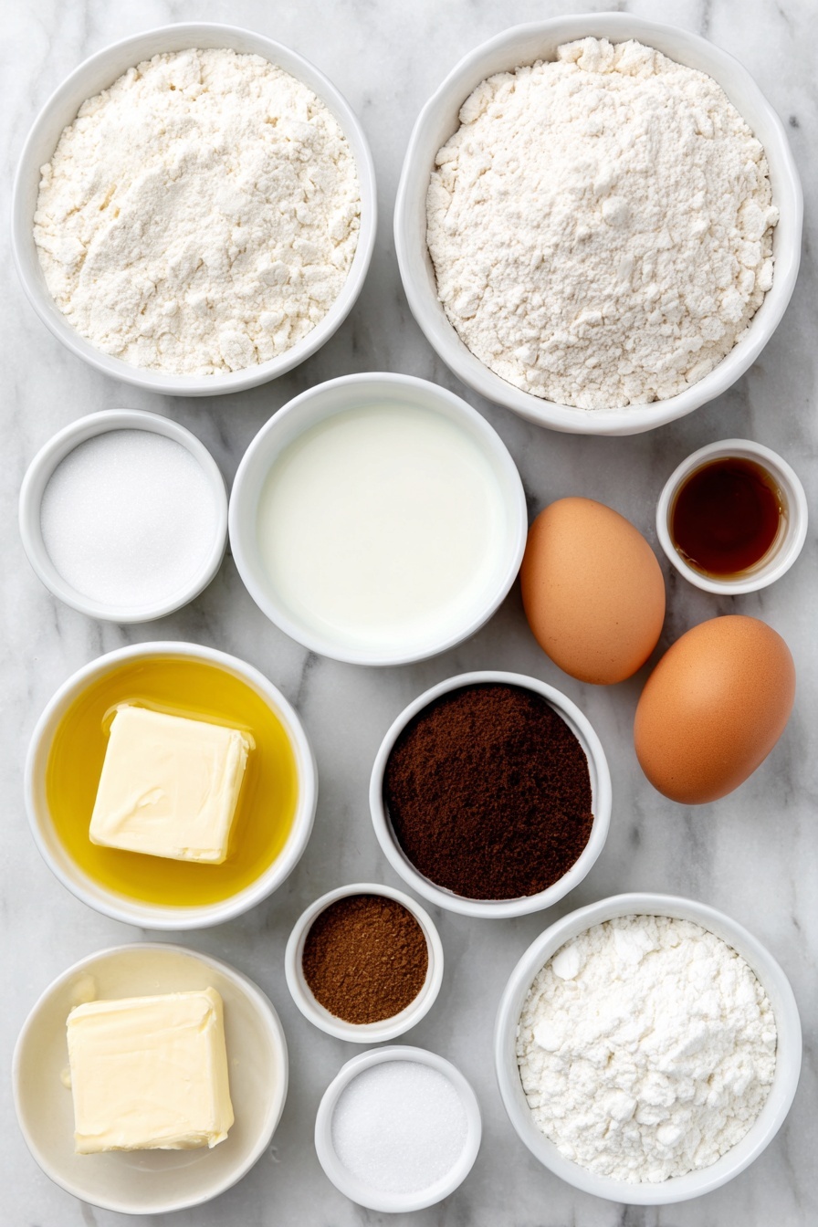 Flat lay of a small white ceramic bowl with whole milk, a small white ceramic bowl with water, a small white ceramic bowl with bread flour, a large white ceramic bowl with bread flour, a small white ceramic bowl with powdered milk, a small white ceramic bowl with granulated sugar, a small white ceramic bowl with instant yeast, a small white ceramic bowl with salt, two whole uncracked brown eggs and one whole uncracked lighter egg, a small white ceramic bowl with softened salted butter, a small white ceramic bowl with vegetable oil, a small white ceramic bowl with dark brown sugar, a small white ceramic bowl with corn starch, a small white ceramic bowl with ground cinnamon, a small white ceramic bowl with heavy cream, a small white ceramic bowl with powdered sugar, a small white ceramic bowl with melted salted butter, and a small white ceramic bowl with vanilla bean paste, all ingredients fresh and natural, placed with perfect symmetry on a clean white marble surface, soft natural light, photo taken with an iPhone, professional food photography style, fresh ingredients, white ceramic bowls, no bottles, no duplicates, no utensils, no packaging --ar 2:3 --v 7 --p m7354615311229779997