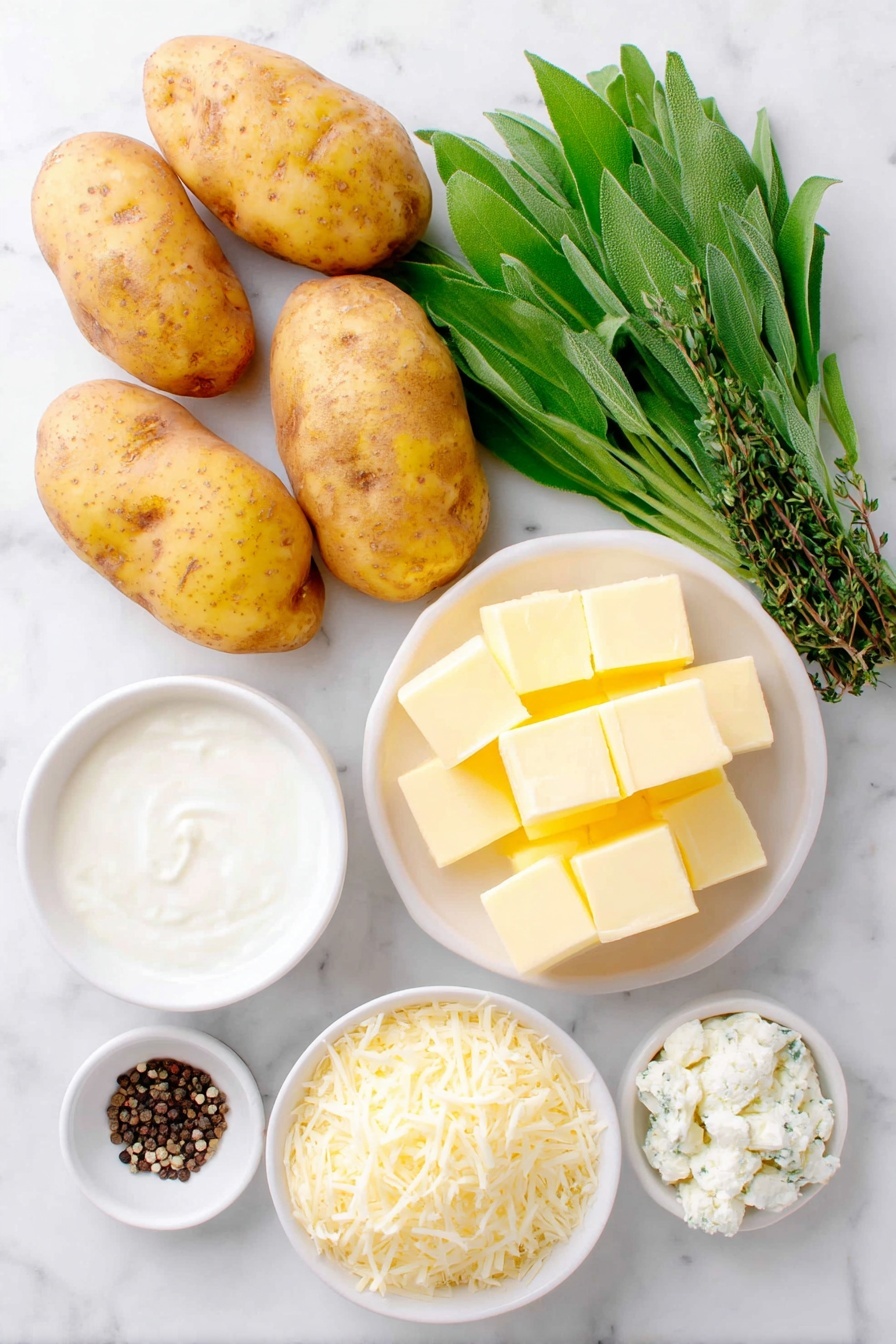 Flat lay of fresh whole Russet potatoes with golden-brown skin, a neat stack of vibrant green fresh sage leaves, a small bundle of fresh thyme sprigs, a small white ceramic bowl filled with salted butter cubes, a small white ceramic bowl containing heavy cream, a small white ceramic bowl of finely grated pale yellow Parmesan cheese, a small white ceramic bowl holding crumbled creamy white Boursin Garlic & Fine Herbs cheese, a small white ceramic bowl with coarse salt crystals, and a small white ceramic bowl with cracked black peppercorns, all arranged symmetrically on a clean white marble surface, soft natural light, photo taken with an iPhone, professional food photography style, fresh ingredients, white ceramic bowls, no bottles, no duplicates, no utensils, no packaging --ar 2:3 --v 7 --p m7354615311229779997