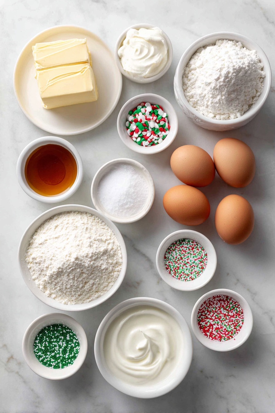 Flat lay of a small mound of unsalted butter, a small white bowl filled with granulated sugar, three whole brown eggs with clean shells, a small white bowl of sour cream, a small white bowl of whole milk, a neat pile of all-purpose flour, a small white bowl containing baking powder, another small white bowl with baking soda, a small white bowl of salt, a small white bowl with ground cinnamon, a small white bowl holding colorful Christmas sprinkles, a small white bowl of powdered sugar, a small white bowl with heavy cream, and a small white bowl with vanilla extract—all arranged symmetrically and balanced on a clean white marble surface, soft natural light, photo taken with an iPhone, professional food photography style, fresh ingredients, white ceramic bowls, no bottles, no duplicates, no utensils, no packaging --ar 2:3 --v 7 --p m7354615311229779997