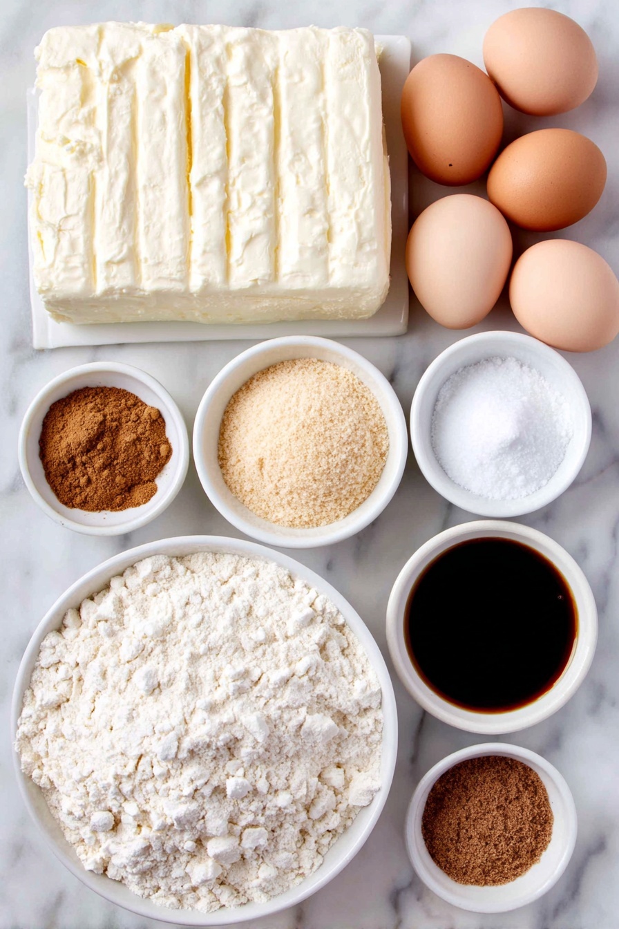 Flat lay of a block of cold cream cheese beside a small white ceramic bowl filled with granulated white sugar, a small white bowl holding rich dark molasses, a few whole light brown eggs with clean shells, a mound of soft unsalted butter, a heap of all-purpose flour, a small white bowl with a golden light brown sugar, a small white bowl with a warm-toned blend of ground ginger, ground cinnamon, ground allspice, ground nutmeg, and ground cloves, and a tiny white bowl containing fine baking soda, all arranged in perfect symmetry on a clean white marble surface, soft natural light, photo taken with an iPhone, professional food photography style, fresh ingredients, white ceramic bowls, no bottles, no duplicates, no utensils, no packaging --ar 2:3 --v 7 --p m7354615311229779997