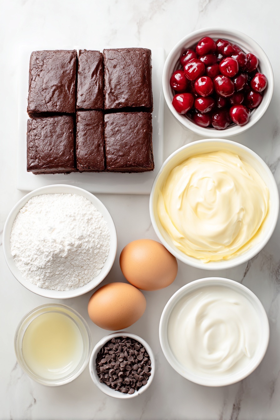 Flat lay of a glossy chocolate sheet cake cut into neat cubes, a small white bowl of bright red fresh cherries with stems, a small white bowl filled with glossy cherry pie filling, two whole brown eggs with clean shells, a small white bowl of smooth chocolate pudding, a small white bowl of thick cold heavy cream, a small white bowl of fine powdered sugar, a small white bowl of clear cherry liqueur, scattered dark chocolate shavings, and delicate chocolate sprinkles, all arranged with perfect symmetry on a clean white marble surface, soft natural light, photo taken with an iPhone, professional food photography style, fresh ingredients, white ceramic bowls, no bottles, no duplicates, no utensils, no packaging --ar 2:3 --v 7 --p m7354615311229779997