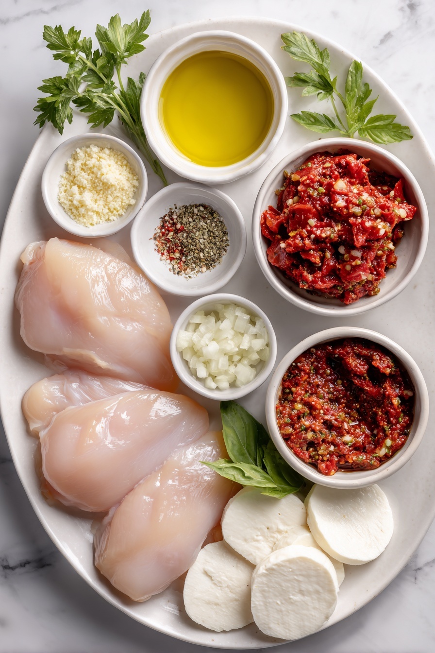 Flat lay of four small raw chicken breasts, a small white bowl of olive oil, a small white bowl of minced garlic, a small white bowl of chopped onions, a small white bowl filled with crushed ripe red tomatoes, a small white bowl containing sun-dried tomato pesto, a small white bowl of Italian seasoning mix, a small white bowl with red pepper flakes, a small white bowl with dried basil, a small white bowl with salt and pepper, a small white bowl of water, four slices of fresh mozzarella cheese, a few sprigs of fresh parsley and basil leaves, and a serving of uncooked farfalle pasta arranged in perfect symmetry on a clean white ceramic plate placed on a clean white marble surface, soft natural light, photo taken with an iPhone, professional food photography style, fresh ingredients, white ceramic bowls, no bottles, no duplicates, no utensils, no packaging --ar 2:3 --v 7 --p m7354615311229779997
