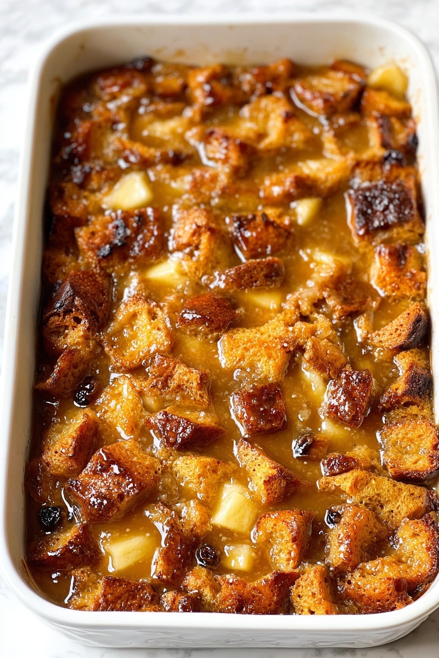 The image shows a white rectangular baking dish filled with a layered bread pudding. The top layer is made of chunky, golden-brown toasted bread pieces that appear moist with a shiny, caramel-colored sauce coating them. Mixed within the bread are small pale yellow apple cubes and dark dried berries, scattered evenly on the surface. The texture looks soft and slightly syrupy, with some edges of the bread slightly darker and crispier. The dish is placed on a white marbled surface. photo taken with an iphone --ar 2:3 --v 7