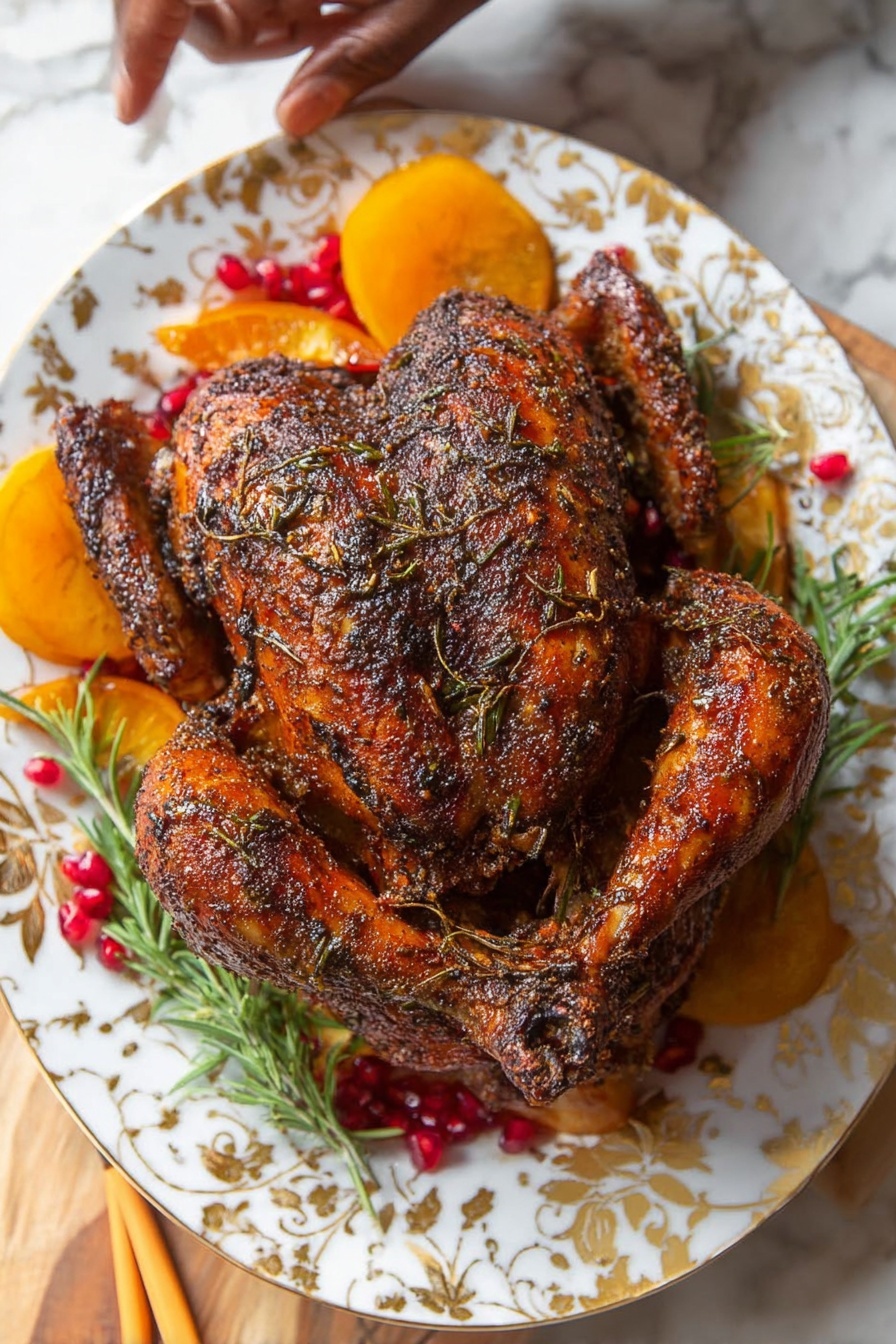 A whole roasted chicken with a dark, crispy skin seasoned with herbs and spices, sitting on a white plate with gold floral patterns. The chicken is centered with its legs crossed at the bottom and wings tucked tightly. Around the chicken, there are slices of bright orange vegetables and red pomegranate seeds adding color contrast. Sprigs of green herbs provide freshness on the plate. The scene is set on a white marbled surface with chopsticks and a woman's hand reaching toward the top left corner. The lighting highlights the texture of the chicken's crispy skin, making it look rich and cooked well photo taken with an iphone --ar 2:3 --v 7