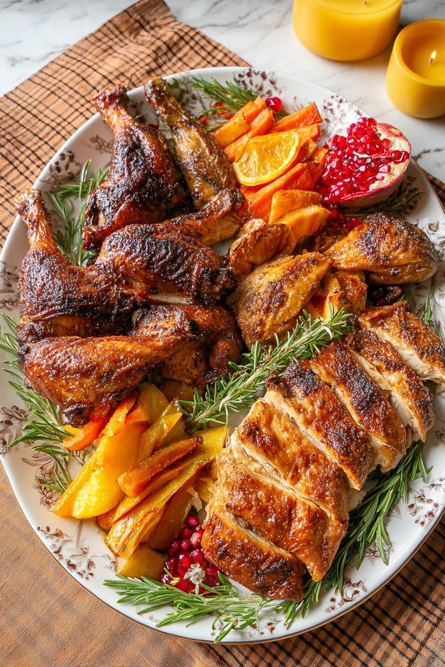 A large white plate with brown floral patterns holds several roasted poultry pieces arranged in layers: two dark brown roasted drumsticks with a crispy texture sit at the top left, two golden brown roasted wings near the bottom left, and sliced roasted poultry with a darker brown crust at the right side. Between the poultry pieces, there are orange carrot chunks and yellow roasted vegetable slices, as well as sprigs of fresh green rosemary for garnish. At the edges of the plate, there are bright red pomegranate seeds and a wedge of pomegranate. The plate is placed on a brown and beige checkered cloth over a white marbled surface, and a yellow candle is visible in the top right corner. Photo taken with an iphone --ar 2:3 --v 7