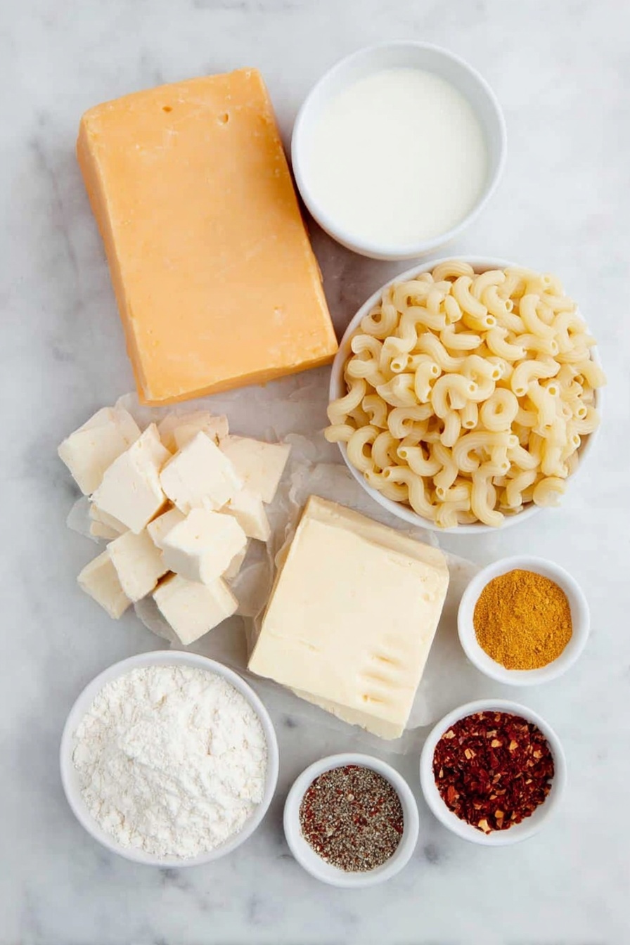 Flat lay of a natural block of sharp cheddar cheese with a smooth orange texture, a block of smoked gouda cheese showing creamy pale yellow color, a block of pepper jack cheese speckled with red and green chili bits, cubed pale orange Velveeta cheese, a neat pile of dried elbow macaroni pasta with a slight curve and smooth surface, a stick of unsalted butter with a pale yellow hue, a small bowl of all-purpose flour in fine white powder, a small white ceramic bowl filled with whole milk, a small white ceramic bowl holding creamy half-and-half, a small white ceramic bowl containing kosher salt crystals, a small white ceramic bowl with freshly ground black pepper, a small white ceramic bowl of mustard powder in bright yellow, a small white ceramic bowl with light beige garlic powder, a small white ceramic bowl of finely ground onion powder, a small white ceramic bowl containing deep reddish smoked paprika, a small white ceramic bowl with pale tan ground nutmeg, and a tiny white ceramic bowl with a pinch of bright red cayenne pepper placed on a clean white marble surface, soft natural light, photo taken with an iPhone, professional food photography style, fresh ingredients, white ceramic bowls, no bottles, no duplicates, no utensils, no packaging --ar 2:3 --v 7 --p m7354615311229779997