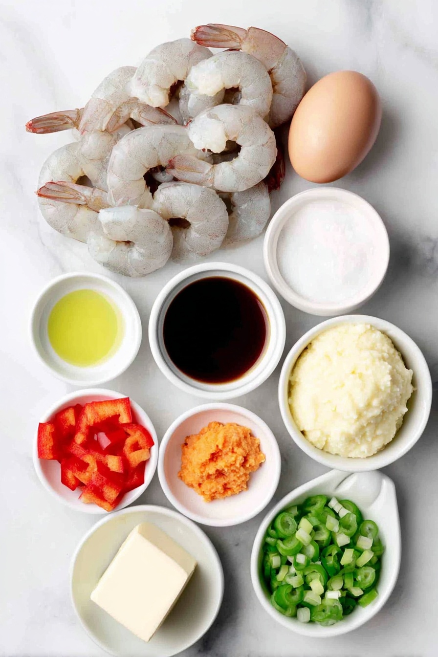 Flat lay of peeled jumbo shrimp with tails on, a halved green bell pepper finely diced, a halved red bell pepper finely diced, a small yellow onion chopped, a large orange carrot diced, a whole scotch bonnet pepper deseeded and chopped, a small pile of sliced green scallions, a small mound of sweet orange sweet potato puree, a small mound of uncooked cream-colored grits, two whole brown eggs with clean shells, a small white ceramic bowl of golden avocado oil, a small white ceramic bowl of dark brown browning sauce, a small white ceramic bowl of chicken broth, a small white ceramic bowl of half and half, a small pat of butter, and a small pile of shredded pale yellow gouda cheese, all arranged symmetrically on a clean white marble surface, soft natural light, photo taken with an iPhone, professional food photography style, fresh ingredients, white ceramic bowls, no bottles, no duplicates, no utensils, no packaging --ar 2:3 --v 7 --p m7354615311229779997