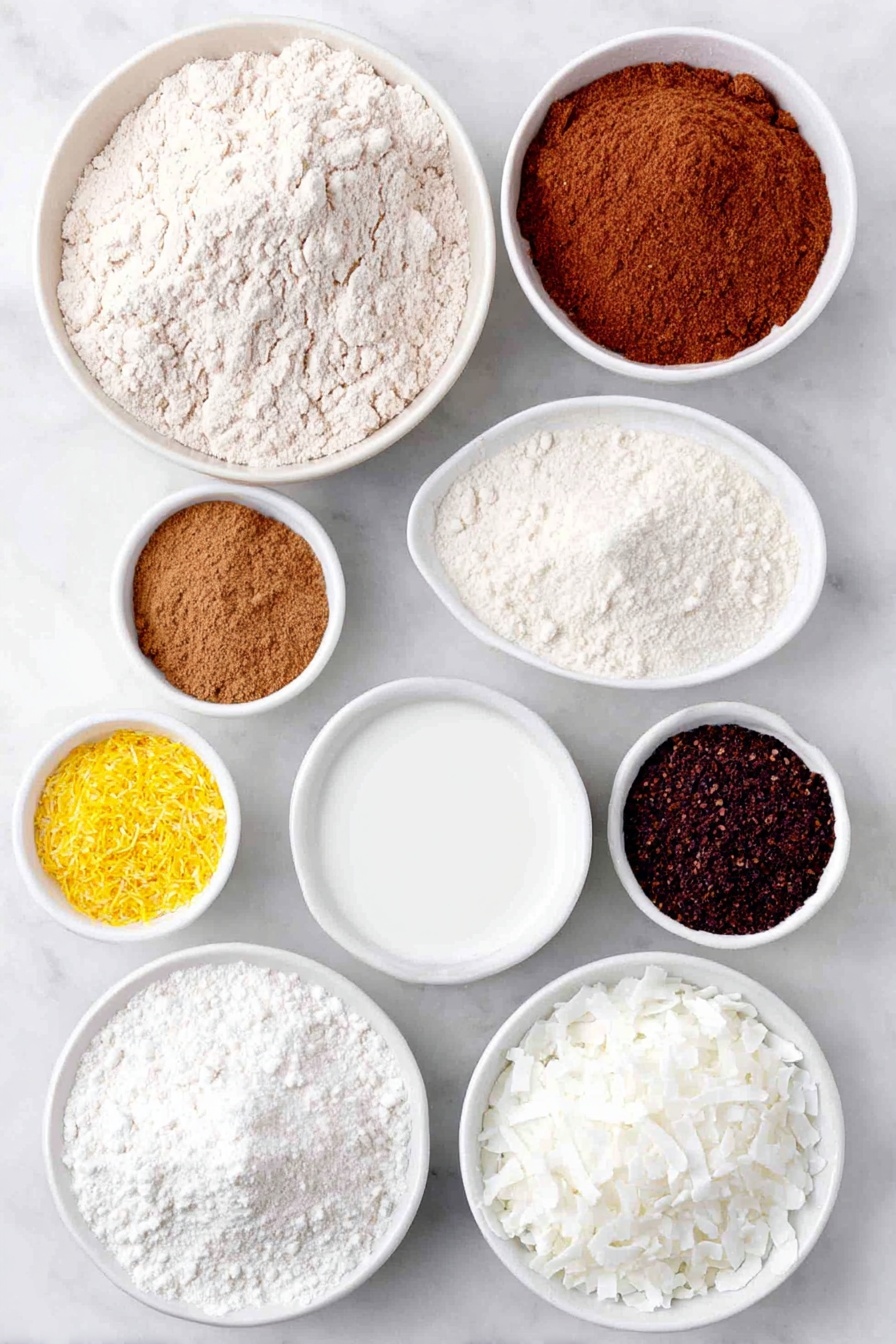 Flat lay of a small mound of whole wheat flour, a small mound of oat flour, a small white bowl of golden coconut sugar, a small white bowl of baking powder, a small white bowl of baking soda, a small white bowl with ground ginger, a small white bowl with cinnamon sticks and ground cinnamon, a small white bowl of allspice powder, a small white bowl of nutmeg powder, a small white bowl of ground cloves, a small white bowl of fine salt, a few strips of fresh orange zest, a small white bowl filled with creamy dairy-free milk, a small white bowl holding solid coconut oil, a small white bowl of smooth applesauce, a small white bowl with vanilla extract, a small white bowl of solid coconut cream, a small white bowl of fine powdered sugar, a small white bowl with vanilla extract, a small pile of fresh coconut flakes scattered gently nearby, all arranged with perfect symmetry on a clean white ceramic surface placed on a clean white marble surface, soft natural light, photo taken with an iPhone, professional food photography style, fresh ingredients, white ceramic bowls, no bottles, no duplicates, no utensils, no packaging --ar 2:3 --v 7 --p m7354615311229779997
