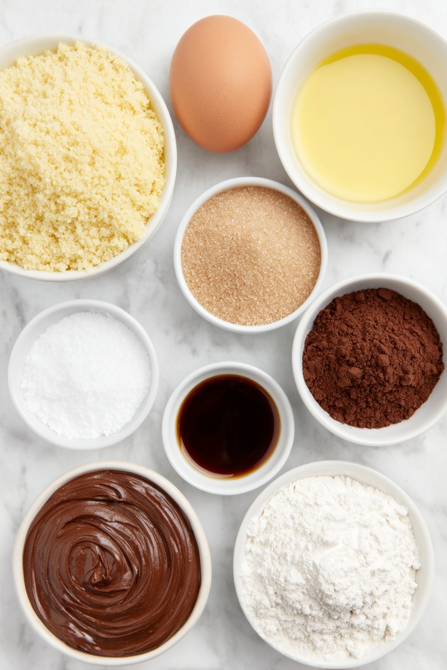 Flat lay of a small mound of golden graham cracker crumbs, a few flakes of coarse kosher salt scattered near, a small white ceramic bowl filled with melted golden butter, a simple white bowl holding all-purpose flour, a neat pile of packed light brown sugar, a white bowl with rich dark cocoa powder, a small heap of light baking powder, a tiny pile of fine baking soda, a small pinch of kosher salt, a white bowl with clear vegetable oil, a single large whole brown egg with a smooth clean shell, a white bowl of creamy whole buttermilk, a small white bowl with dark black coffee, a small white bowl of amber vanilla extract, a smooth swirl of glossy Nutella hazelnut spread on a white plate, two whole large egg whites in their clean shells, a white bowl with fine granulated sugar, and a tiny pinch of kosher salt placed in a white bowl, all arranged in perfect symmetry on a clean white marble surface, soft natural light, photo taken with an iPhone, professional food photography style, fresh ingredients, white ceramic bowls, no bottles, no duplicates, no utensils, no packaging --ar 2:3 --v 7 --p m7354615311229779997