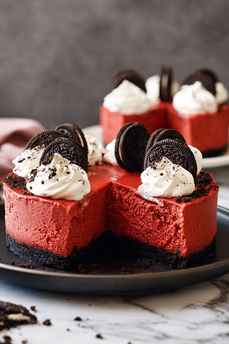 A rich red cheesecake sits on a dark plate placed on a white marbled surface. The cake has two layers: a smooth, dense red cheesecake layer on top and a thin, dark cookie crumb crust at the bottom. On top of the cake, there are five puffs of white whipped cream, each topped with small dark cookie crumbs. Between the cream puffs, there are large, whole dark sandwich cookies embedded into the cheesecake. In the background, a slice of the cake is visible, showing the same layers and toppings. photo taken with an iphone --ar 2:3 --v 7