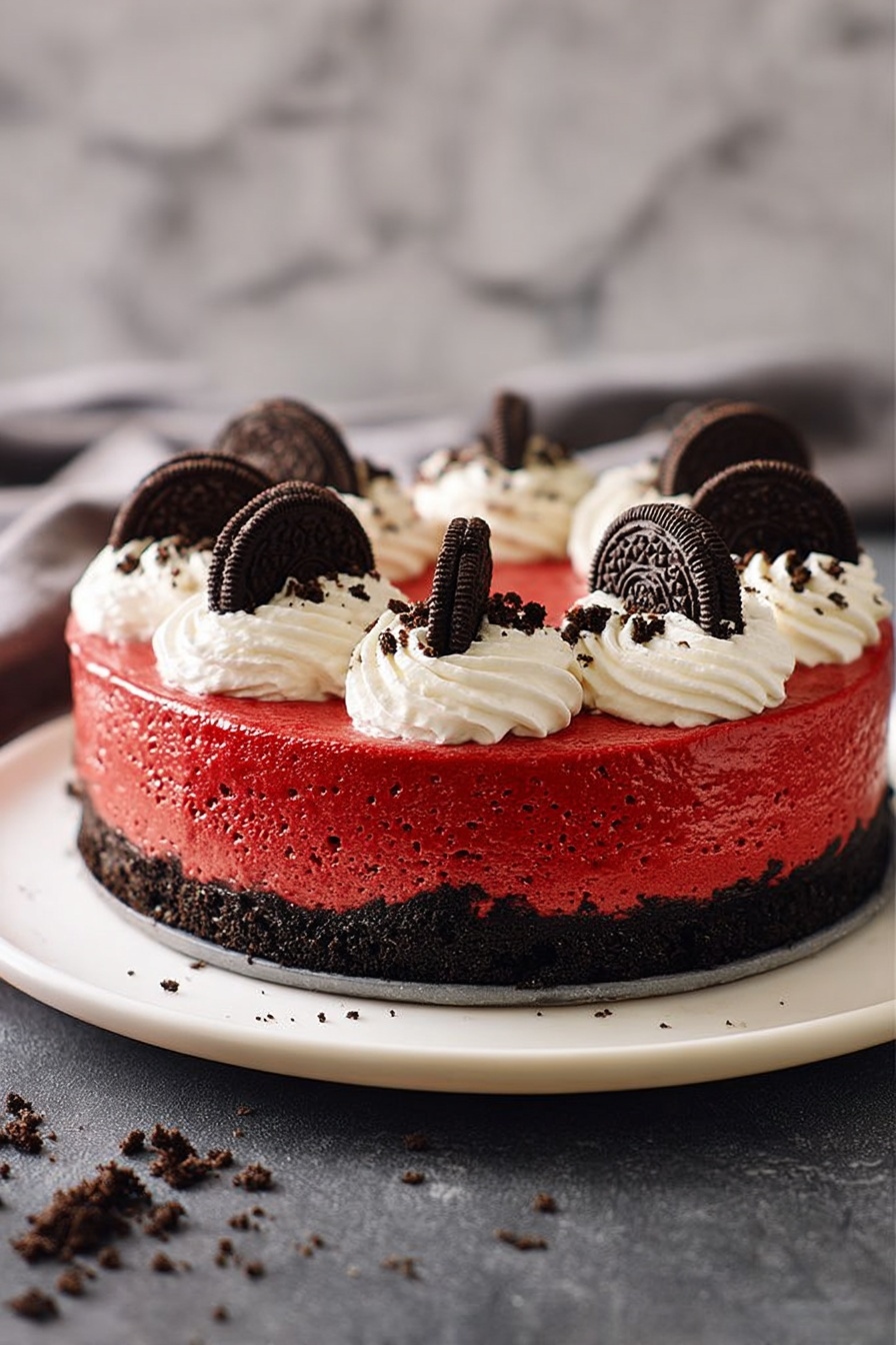 This is a round cake with three visible layers. The bottom layer is thin and dark, looking crumbly like crushed cookies. The middle layer is thick, smooth, and bright red with a creamy texture. On top, there are white swirls of cream placed evenly around the edge, with small pieces of crushed dark cookies sprinkled on the cream. Each white swirl is adorned with a whole dark cookie standing upright. The cake sits on a white plate with a white marbled surface in the background. Photo taken with an iphone --ar 2:3 --v 7