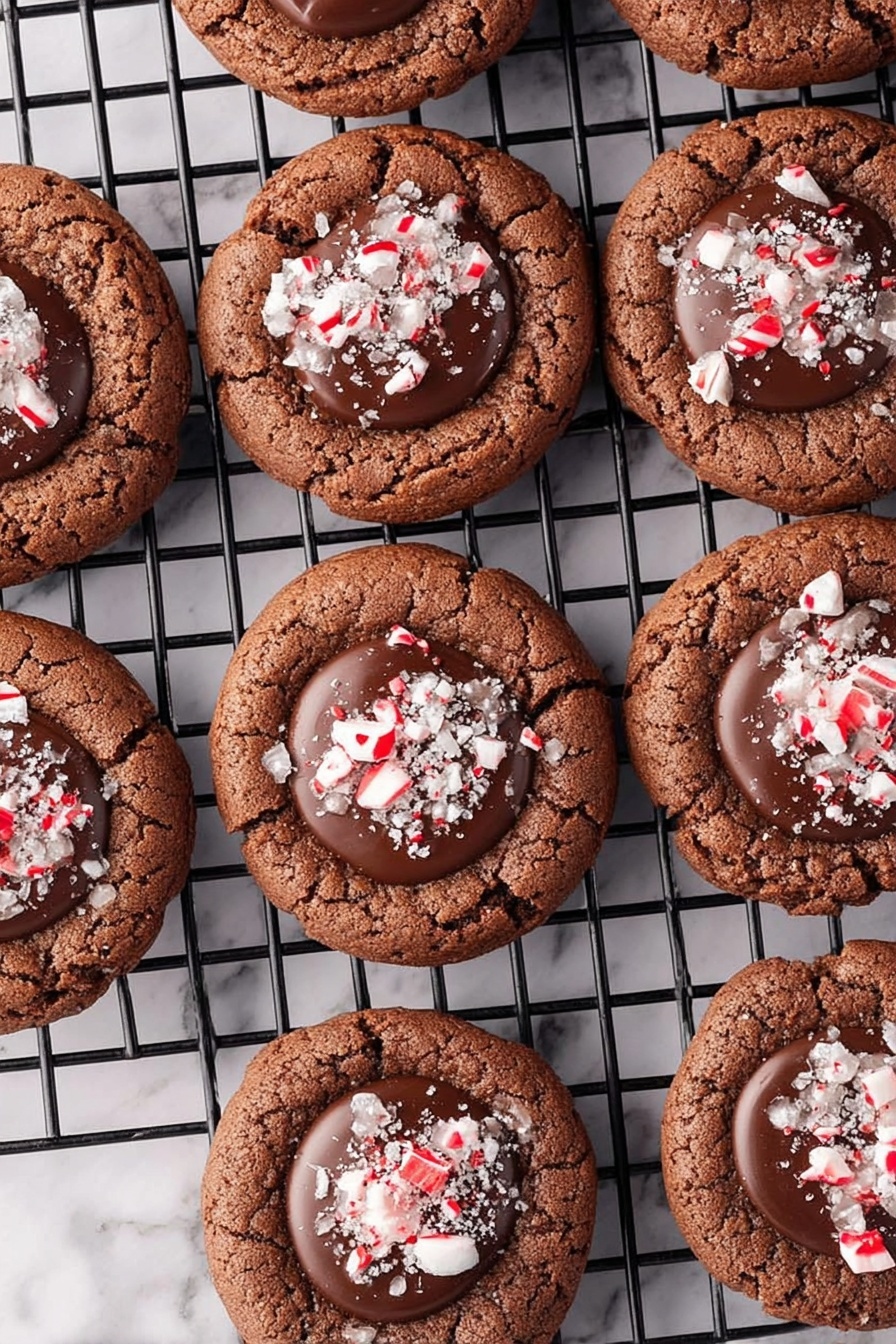 The image shows eight round chocolate cookies arranged on a black cooling rack over a white marbled surface. Each cookie has a crackled, textured dark brown base with a smooth, shiny dark chocolate circle in the center. On top of the chocolate layer, there are small pieces of crushed white and red candy sprinkled evenly. The cookies look soft and rich, with the candy adding a festive touch. photo taken with an iphone --ar 2:3 --v 7