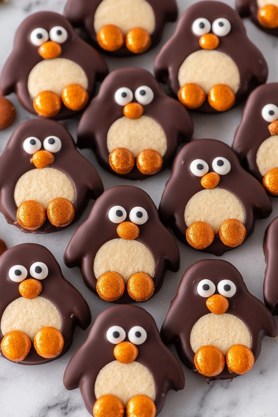 A white plate holds several penguin-shaped treats stacked together. Each treat has three main layers: a smooth, dark chocolate coating forming the body, a round light beige cookie in the center as the belly, and two small white candy circles with black dots for eyes. The beak and feet are made from three small, shiny orange candies arranged in pairs at the front. The treats have small round chocolate pieces on the sides to resemble wings. The plate is set on a white marbled surface, with a white and black checkered cloth and a cooling rack holding a few more penguin treats visible nearby. Photo taken with an iphone --ar 2:3 --v 7