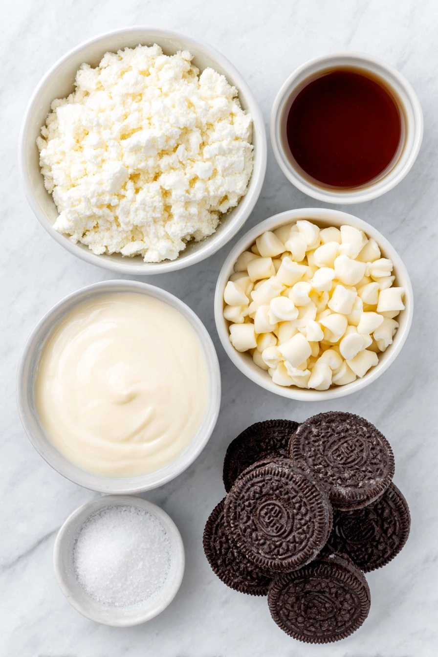 Flat lay of sweetened condensed milk in a small white ceramic bowl, a small white ceramic bowl filled with white chocolate chips, whole fresh Oreo cookies stacked beside a few chopped Oreo pieces scattered naturally, a pinch of salt in a tiny white ceramic bowl, a small white ceramic bowl containing clear vanilla extract, all arranged symmetrically on a clean white marble surface, soft natural light, photo taken with an iPhone, professional food photography style, fresh ingredients, white ceramic bowls, no bottles, no duplicates, no utensils, no packaging --ar 2:3 --v 7 --p m7354615311229779997