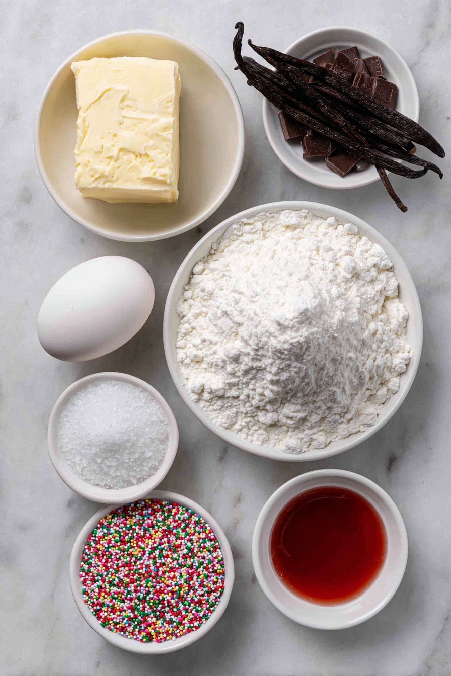 Flat lay of a small pile of pale yellow unsalted butter, a small white ceramic bowl filled with fine white icing sugar, a single whole clean white egg, a few green vanilla beans pods and a small white bowl with clear vanilla extract, a pinch of coarse salt crystals on the marble, a small mound of white all-purpose flour, a small heap of white cornstarch powder, a dollop of vibrant red gel food coloring in a small white bowl, and a scattering of multicolored round sprinkles arranged neatly around them, all placed on a clean white marble surface, soft natural light, photo taken with an iPhone, professional food photography style, fresh ingredients, white ceramic bowls, no bottles, no duplicates, no utensils, no packaging --ar 2:3 --v 7 --p m7354615311229779997
