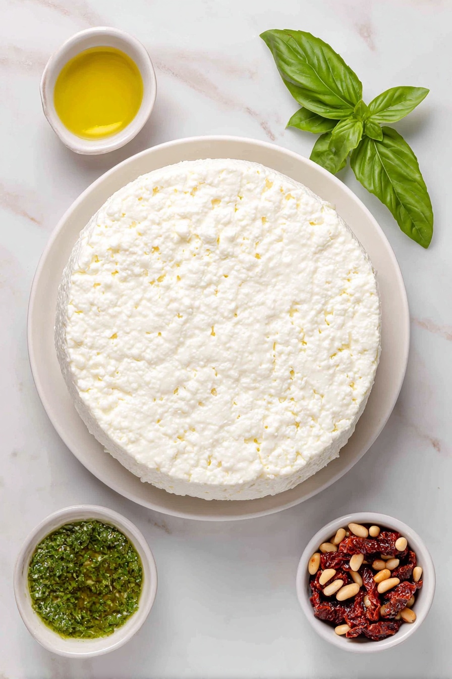 Flat lay of fresh full fat sheep's ricotta cheese in a simple white ceramic bowl, a small white bowl of extra virgin olive oil, a few bright green fresh basil leaves neatly arranged beside a small white bowl of vibrant green basil oil, three deep red sun-dried tomatoes finely chopped on a clean white plate, a small white bowl filled with golden toasted pine nuts, and a pinch of coarse salt artfully scattered on the white marble surface, all elements arranged in perfect symmetry, placed on a clean white marble surface, soft natural light, photo taken with an iPhone, professional food photography style, fresh ingredients, white ceramic bowls, no bottles, no duplicates, no utensils, no packaging --ar 2:3 --v 7 --p m7354615311229779997