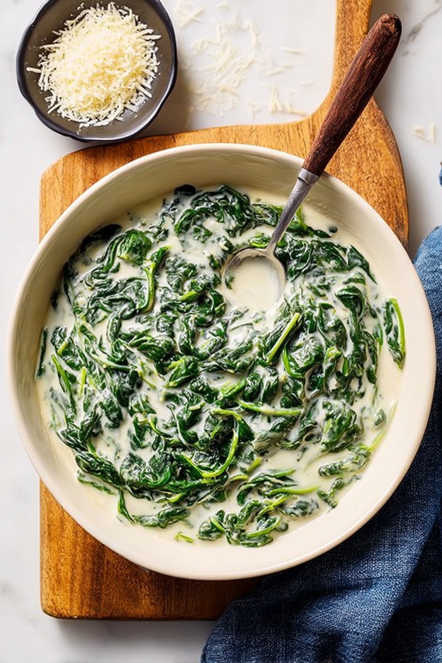 A white bowl filled with creamy spinach, where bright green spinach leaves are mixed into a thick, white sauce giving a smooth texture. The bowl sits on a wooden cutting board with a spoon that has a brown wooden handle placed inside the bowl, partially covered in the cream and spinach. Next to the bowl, there is a small black dish with grated cheese on a white marbled surface, and a blue cloth is placed near the wooden board. photo taken with an iphone --ar 2:3 --v 7