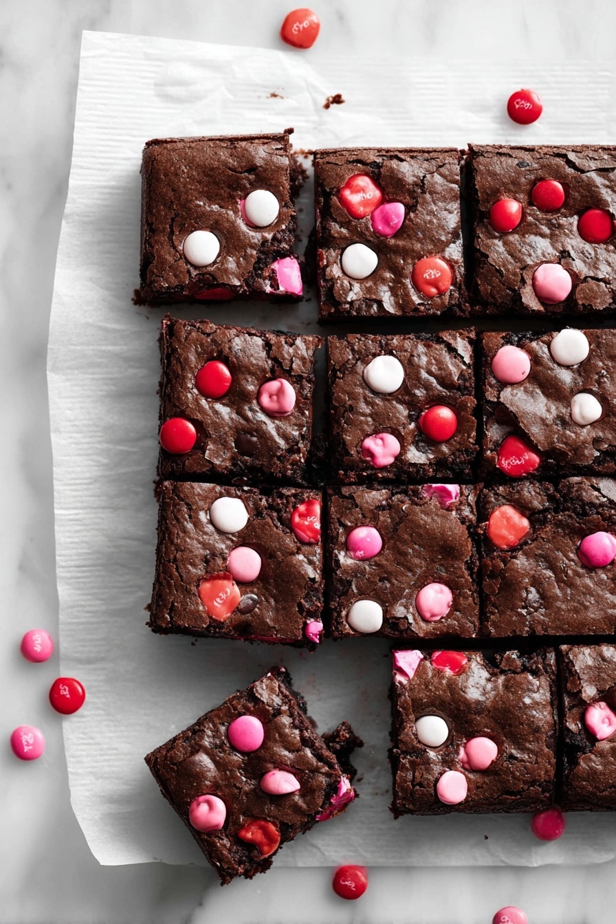 The image shows a batch of chocolate brownies cut into squares, placed on white parchment paper over a white marbled surface. The brownies have a rich, dark brown color and slightly cracked tops. Each brownie square is decorated with scattered colorful candy pieces in shades of red, pink, and white, some candies are slightly cracked but still whole. Two brownie squares are separate from the main batch, placed diagonally beside it. Around the brownies, a few loose candies in matching colors are scattered randomly on the parchment and marbled surface. Photo taken with an iphone --ar 2:3 --v 7