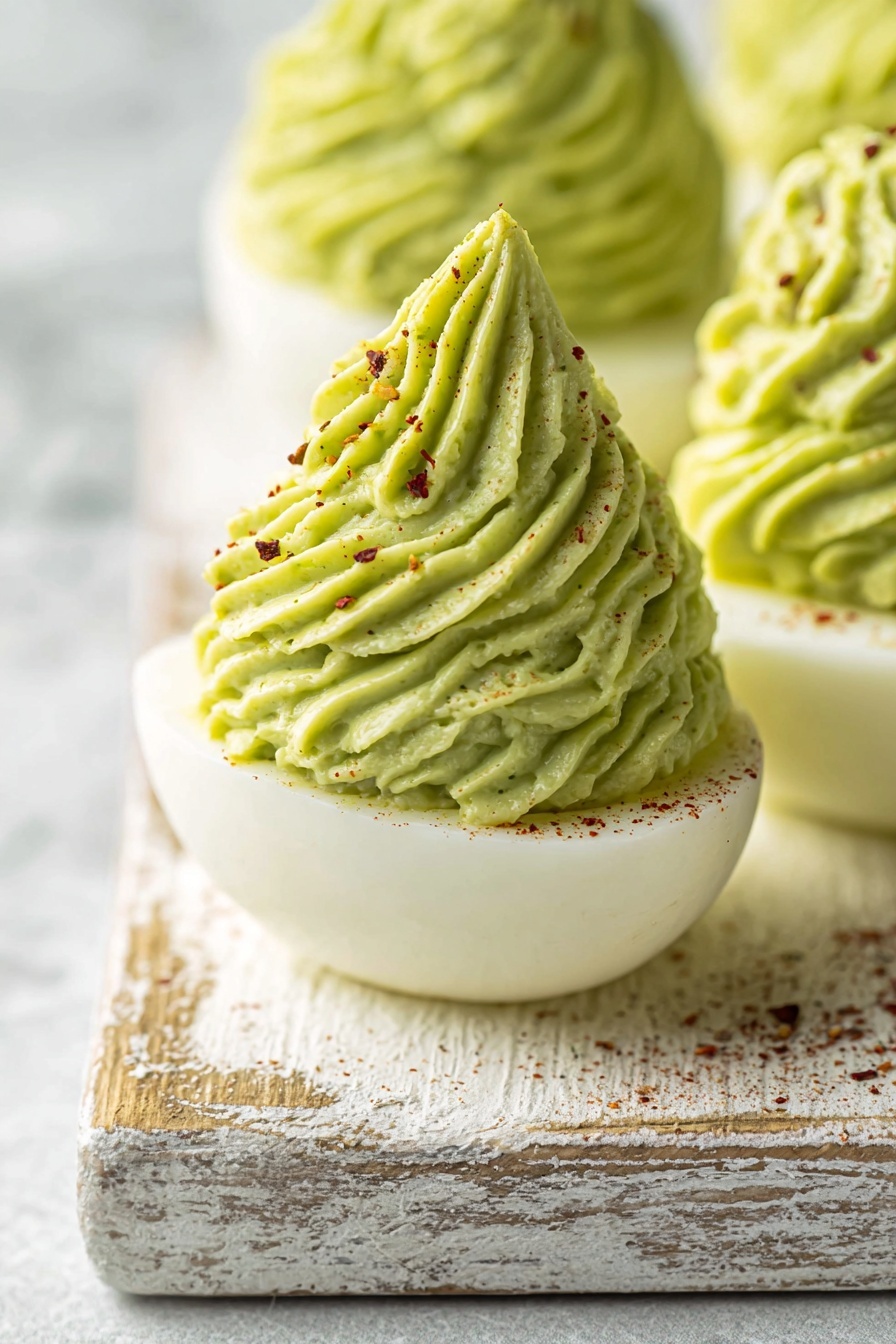 The image shows soft white halved eggs topped with thick swirls of green creamy filling, piped in tall ridged peaks. The green filling has a smooth texture with small red specks scattered on top. The eggs rest on a worn rustic white wooden block, which sits on a white marbled surface, adding a natural, textured look. The focus is close-up, showing the detail and texture of the layers clearly. photo taken with an iphone --ar 2:3 --v 7