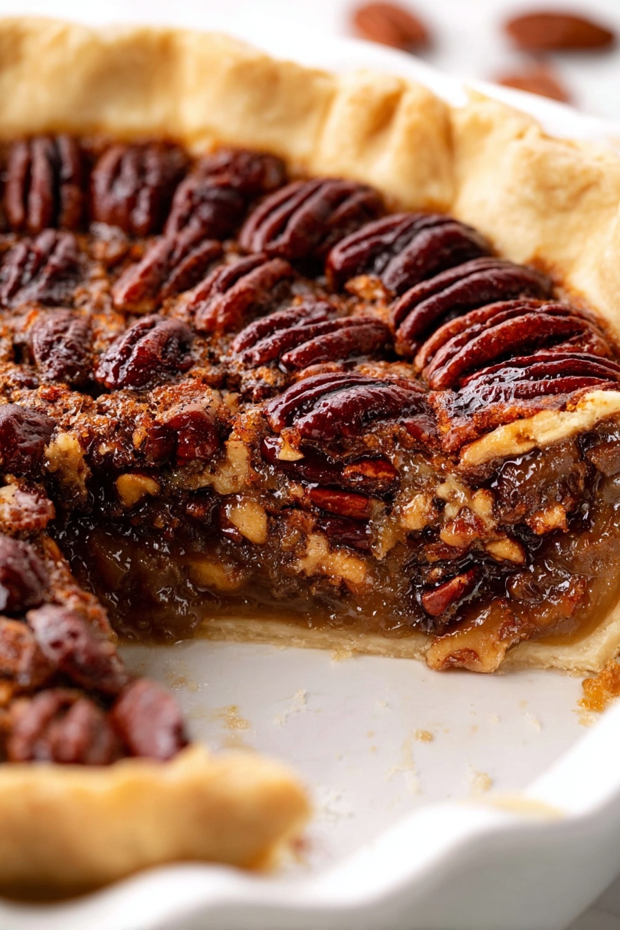 The image shows a pecan pie with a thick golden-brown crust that has a wavy edge, placed inside a white ceramic pie dish. The top layer is fully covered with whole pecan halves, dark brown and glossy, arranged neatly. Below the pecans is a rich, sticky filling with a shiny texture, visible in the slice taken out, showing a mix of nuts and syrupy filling. The bottom crust is golden and flaky, supporting the pie layers well. The white marbled surface adds brightness to the scene. photo taken with an iphone --ar 2:3 --v 7