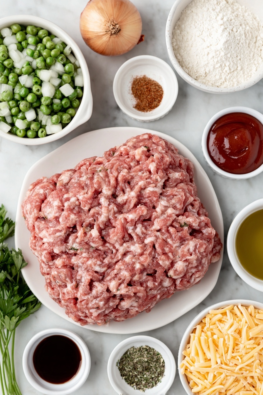 Flat lay of lean ground beef, a small white bowl of olive oil, a whole yellow onion, three garlic cloves, small white bowls each containing chili powder, dried parsley, dried thyme, salt, black pepper, smoked paprika, a small white bowl of all-purpose flour, a small white bowl of low sodium chicken broth, a small white bowl of milk, small white bowls of reduced-sodium soy sauce, ketchup, Worcestershire sauce, granulated beef bouillon, Dijon mustard, two packed cups of freshly shredded sharp cheddar cheese on a simple white ceramic plate, a small white bowl of sour cream, fresh green beans, sweet corn kernels, petite green peas, and a small bunch of fresh parsley, placed on a clean white marble surface, soft natural light, photo taken with an iPhone, professional food photography style, fresh ingredients, white ceramic bowls, no bottles, no duplicates, no utensils, no packaging --ar 2:3 --v 7 --p m7354615311229779997