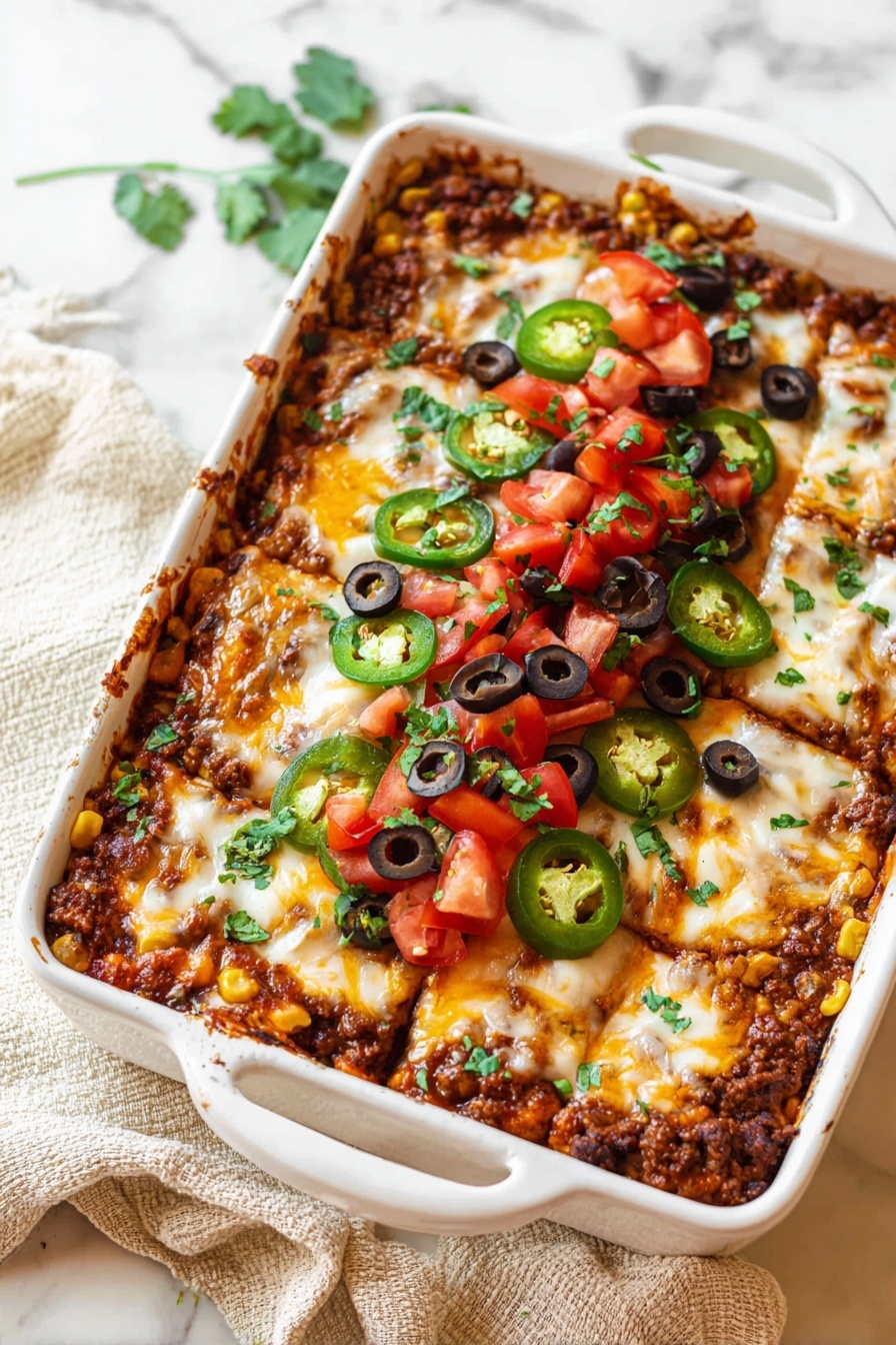 A white rectangular baking dish holds a layered casserole with a base of dark brown cooked ground meat mixed with corn and beans, topped with melted white and orange cheese that covers the whole dish unevenly. On top, there is a bright layer of chopped red tomatoes, sliced black olives, and green jalapeño rings, all sprinkled with fresh green chopped cilantro. The dish is placed on a white marbled surface with a beige cloth nearby. Photo taken with an iphone --ar 2:3 --v 7