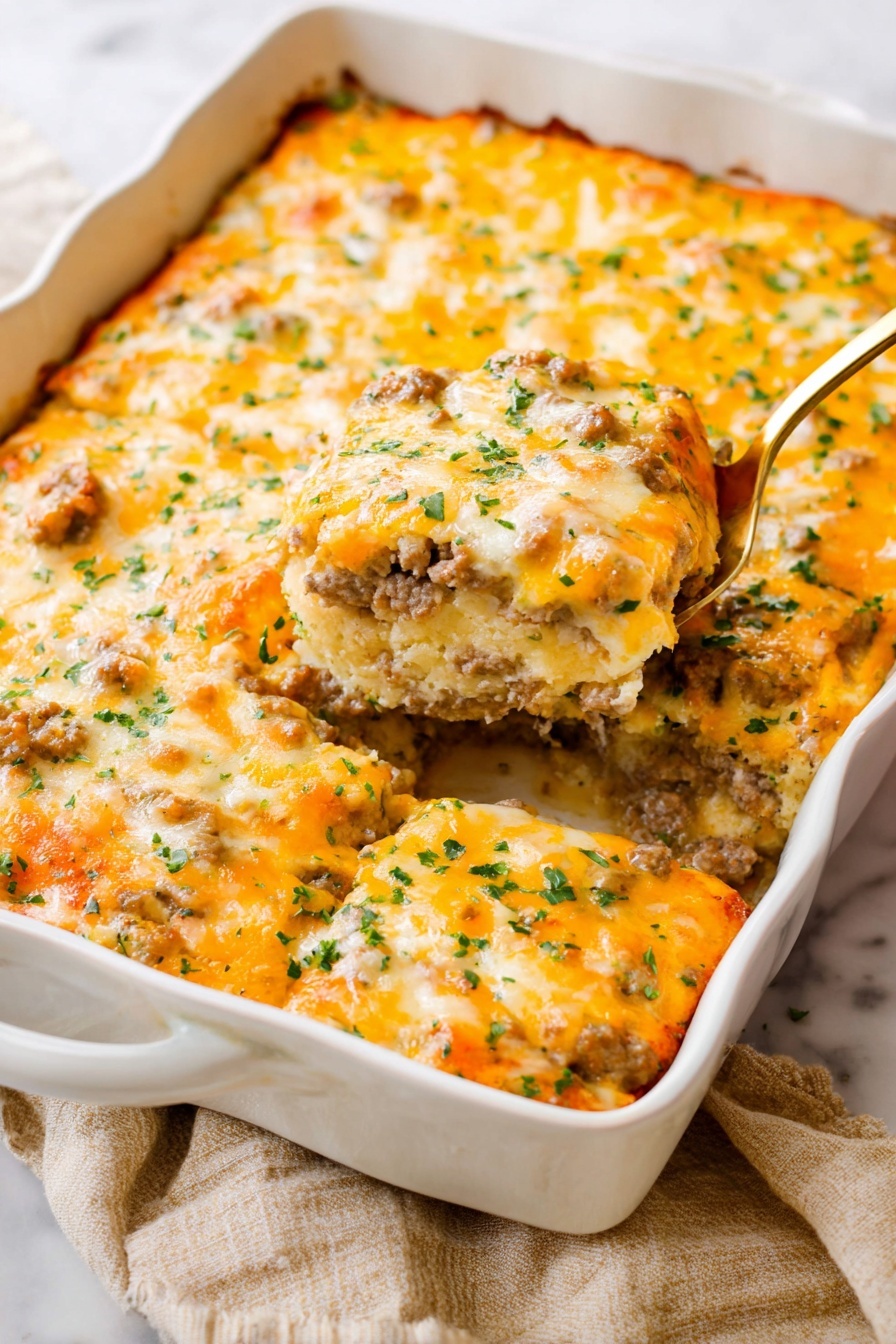 A white baking dish filled with a cheesy casserole that has several layers. The bottom layer looks soft and light brown, topped by a layer of cooked bits of ground meat mixed with sauce. Over this is a thick melted cheese layer in yellow and white colors, scattered with small green chopped herbs. A golden serving spoon with a woman's hand holding it lifts one square piece from the dish, showing the inside layers slightly mixed. The whole dish sits on a white marbled surface with a beige cloth nearby. Photo taken with an iphone --ar 2:3 --v 7