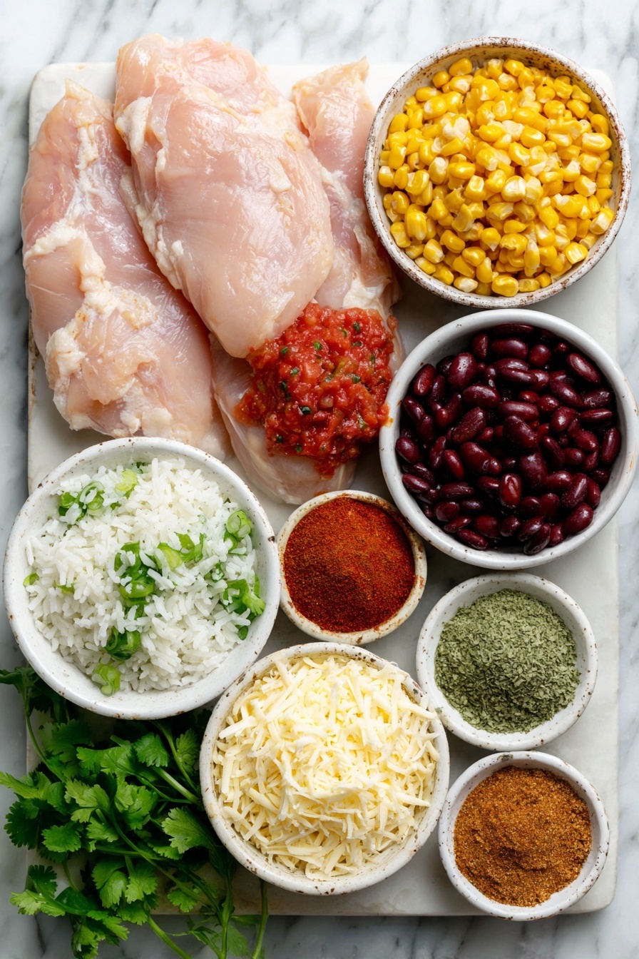Flat lay of fresh boneless skinless chicken breasts, a small mound of chili powder, small piles of ground cumin and garlic powder, tiny piles of onion powder, smoked paprika, and dried oregano, a handful of black beans, yellow kernels of corn, bright fire roasted diced tomatoes, cooked white rice, chopped green chiles, a small white bowl of red salsa, a small heap of freshly grated sharp cheddar cheese, a small heap of freshly grated Monterey Jack cheese, and sprigs of fresh green cilantro placed on a clean white marble surface, soft natural light, photo taken with an iPhone, professional food photography style, fresh ingredients, white ceramic bowls, no bottles, no duplicates, no utensils, no packaging --ar 2:3 --v 7 --p m7354615311229779997
