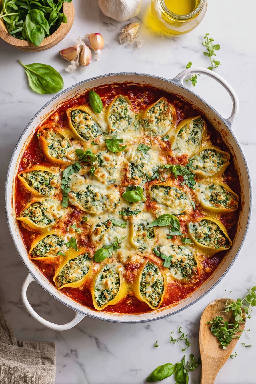 The image shows a white round pan filled with a baked dish that has several green and yellow stuffed pasta shells arranged evenly on top. The base layer is a rich red tomato sauce that covers the bottom and edges of the pan. Above the sauce, there is melted white cheese scattered over the pasta shells, which have a textured filling of green herbs and cheese. Fresh green basil leaves are sprinkled on top of the cheese and pasta, adding a fresh look. The pan sits on a white marbled surface surrounded by ingredients: a wooden board with coarse salt and a small wooden spoon, a small white bowl with black pepper and a wooden spoon, a small plate with green torn basil, some garlic cloves, and a couple of glasses with light yellow liquid. photo taken with an iphone --ar 2:3 --v 7