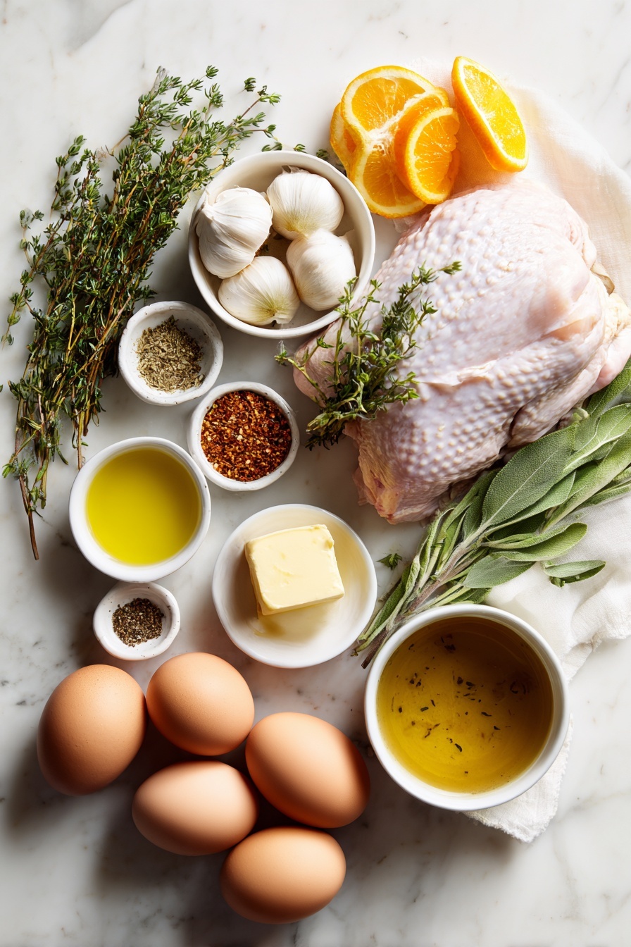 Flat lay of one whole bone-in, skin-on turkey breast with natural skin texture, a small pile of twelve whole garlic cloves with papery skins, two medium onions sliced into rings, several round orange slices showing juicy segments, a handful of fresh green poultry herbs including thyme sprigs, rosemary stems, and sage leaves, a small white ceramic bowl filled with golden olive oil, a small white ceramic bowl of softened unsalted butter, a small white ceramic bowl of smooth Dijon mustard, a small white ceramic bowl containing a mix of dried herbs and spices (paprika, garlic powder, dried rosemary, dried parsley, dried thyme, dried oregano, onion powder, ground cumin, pepper, and salt) in visible powder form, a small white ceramic bowl holding low sodium chicken broth with a light golden color, and three whole brown eggs with clean shells arranged symmetrically; all ingredients placed on a clean white marble surface, soft natural light, photo taken with an iPhone, professional food photography style, fresh ingredients, white ceramic bowls, no bottles, no duplicates, no utensils, no packaging --ar 2:3 --v 7 --p m7354615311229779997