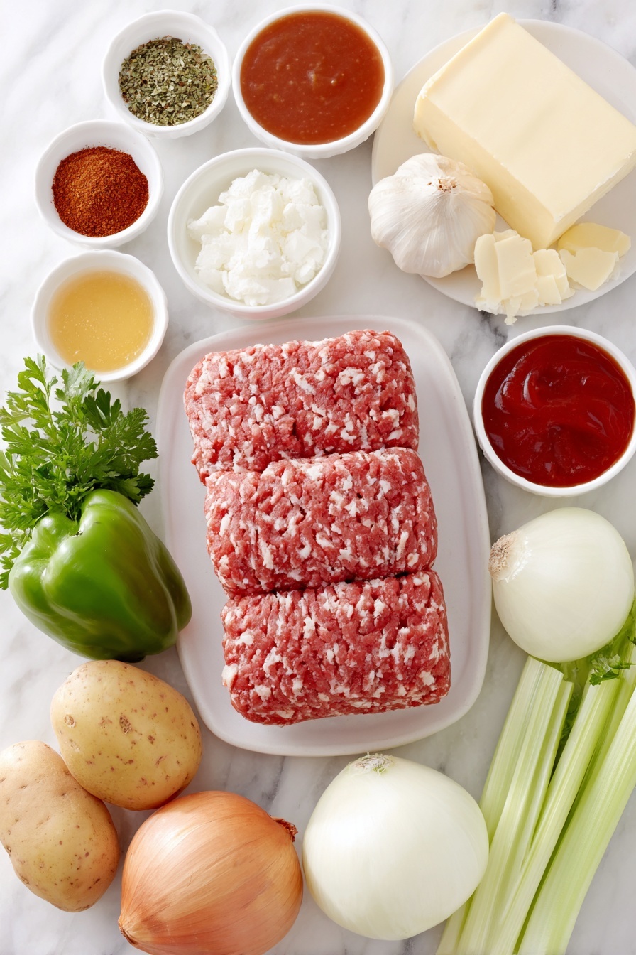 Flat lay of lean ground beef in a rectangular patty shape, a whole yellow onion with papery skin, three medium whole carrots with green tops trimmed, three fresh celery stalks with leaves, four garlic cloves with skins on, small white bowls each containing chili powder, ground cumin, salt, dried basil, dried parsley, dried oregano, smoked paprika, and black pepper, red and Yukon gold potatoes cut into chunky halves, a whole green bell pepper, small white bowls of reduced sodium beef broth, fire roasted diced tomatoes with juices, smooth tomato sauce, yellow deli mustard, Worcestershire sauce, apple cider vinegar, and brown sugar, a small white bowl with liquid smoke, a small white bowl with granulated beef bouillon, fresh cheddar cheese block, fresh parsley sprigs, green onions with roots intact, and a dollop of sour cream on a simple white ceramic plate, arranged with perfect symmetry and balanced proportions, placed on a clean white marble surface, soft natural light, photo taken with an iPhone, professional food photography style, fresh ingredients, white ceramic bowls, no bottles, no duplicates, no utensils, no packaging --ar 2:3 --v 7 --p m7354615311229779997
