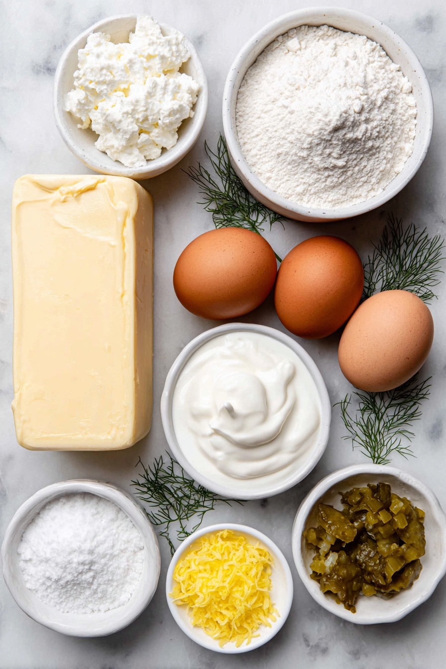Flat lay of a small mound of all-purpose flour, a heap of granulated sugar, four whole brown eggs with clean shells, a few sprigs of fresh dill, a small pile of finely chopped sweet dill pickles, a smooth slab of unsalted butter, a block of cream cheese, a small white bowl of sour cream, a small white bowl of whole milk, a small white bowl filled with dill pickle brine, a small white bowl containing lemon zest, and a small white bowl of powdered sugar, all arranged symmetrically around a clean white ceramic plate, placed on a clean white marble surface, soft natural light, photo taken with an iPhone, professional food photography style, fresh ingredients, white ceramic bowls, no bottles, no duplicates, no utensils, no packaging --ar 2:3 --v 7 --p m7354615311229779997