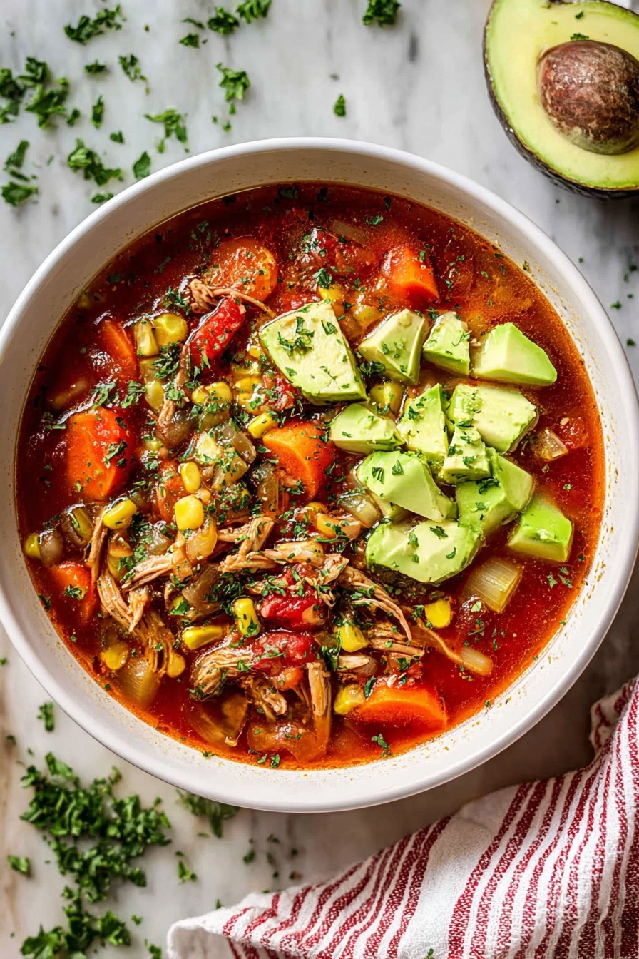 A white bowl filled with a thick, chunky soup that has a rich red broth base. The soup holds many ingredients including shredded meat, orange carrot slices, yellowish corn kernels, diced green celery, and chopped tomatoes, all mixed well together. On top, there are fresh chunks of bright green avocado and two avocado slices arranged side by side, sprinkled with finely chopped herbs. The bowl sits on a white marbled surface with scattered green parsley leaves around and a half avocado placed nearby. A striped white and red cloth is partly visible on the right side of the bowl. photo taken with an iphone --ar 2:3 --v 7