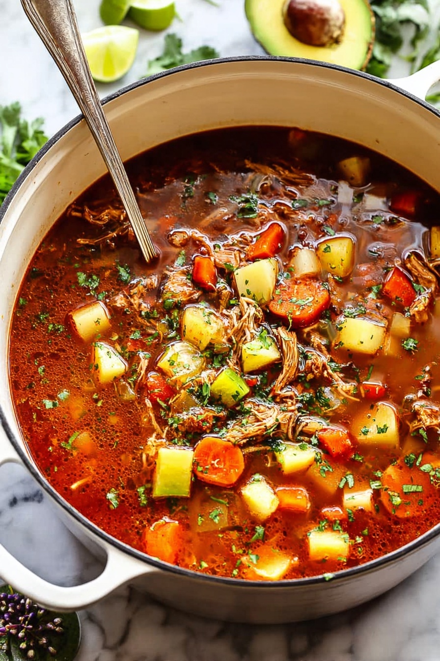 A large white pot filled with a rich, reddish-brown soup that has many colorful ingredients floating on top. There are small cubes of light yellow potatoes, bright orange carrot slices, and bits of white and green celery scattered throughout. Shredded pieces of light brown meat are mixed evenly in the soup, with finely chopped green herbs sprinkled over the surface. A metal spoon is standing upright in the pot, and the pot rests on a white marbled surface with some green leaves softly scattered around. In the background, there are some lime wedges and half an avocado visible. Photo taken with an iphone --ar 2:3 --v 7