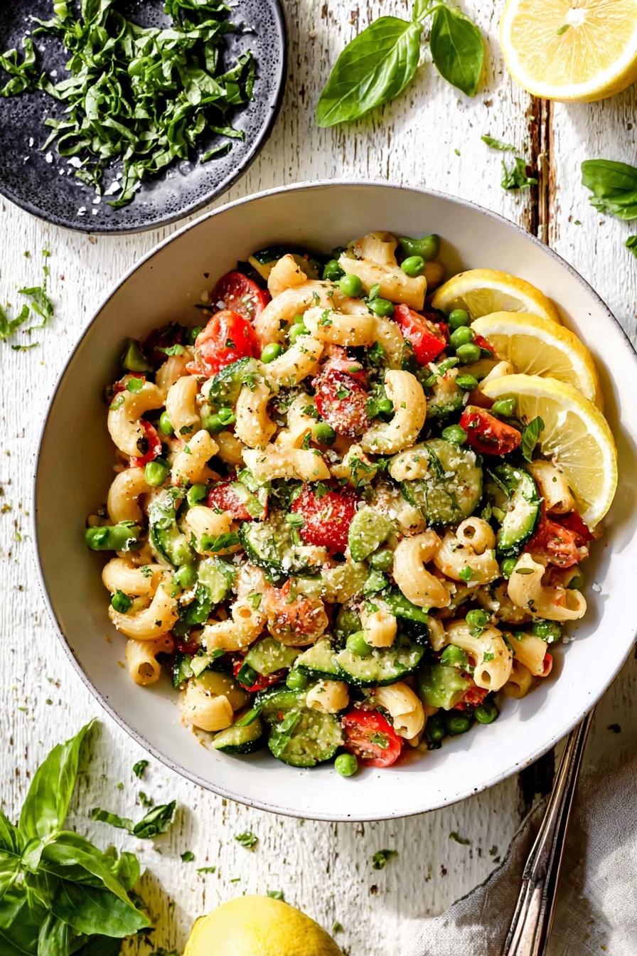 A white bowl filled with a colorful mix of spiral pasta, sliced cherry tomatoes, green peas, chopped green zucchini, red bell peppers, and small green leaves, likely basil, all mixed together and sprinkled lightly with grated cheese and herbs. Two thin lemon slices are placed on the side of the bowl. The bowl rests on a rustic white wooden surface with scattered green leaves and a halved lemon beside it. In the top corner, a dark plate holds chopped green herbs. The lighting is bright and natural, enhancing the fresh colors and textures of the dish. photo taken with an iphone --ar 2:3 --v 7