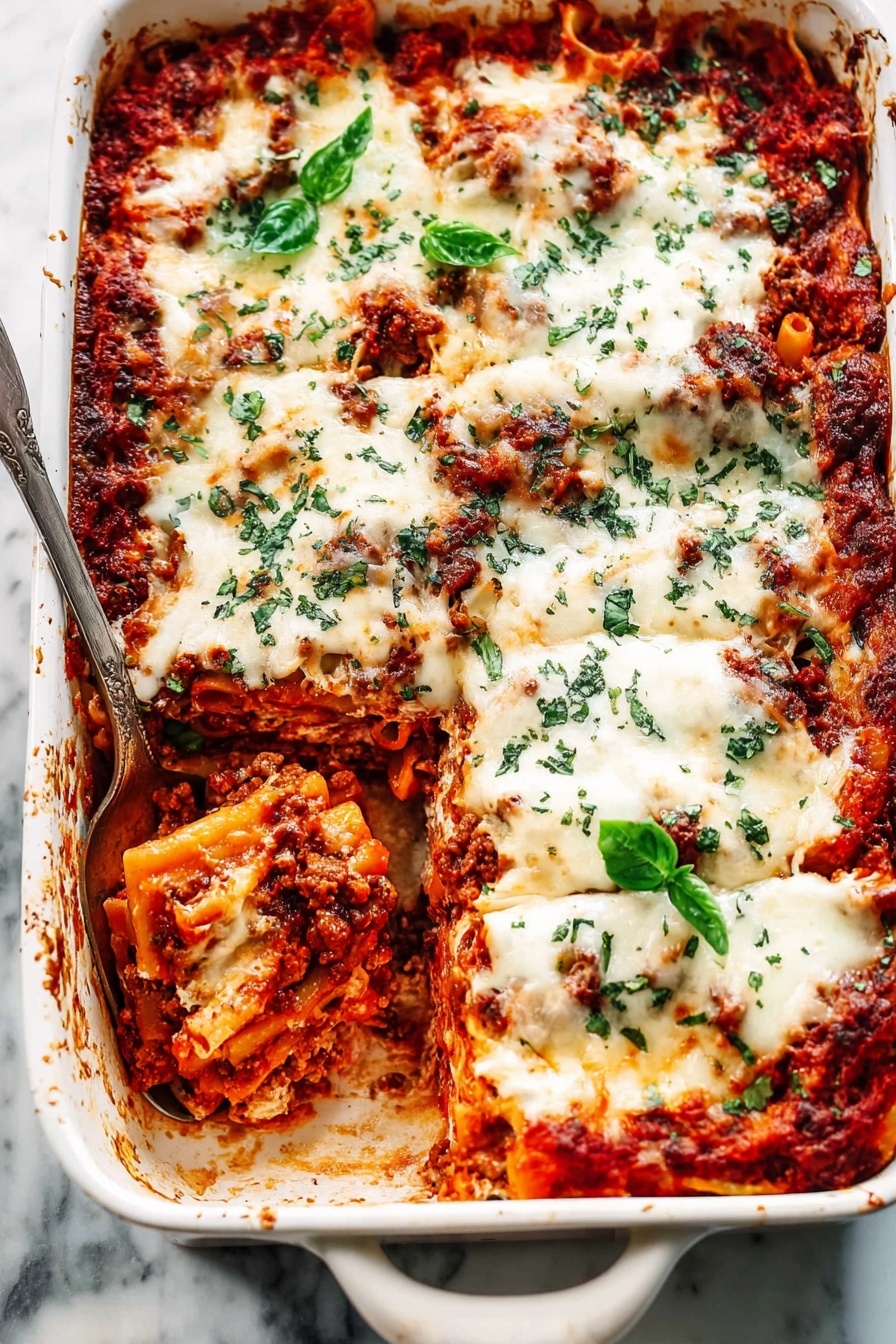 A white rectangular baking dish holds a layered lasagna with rich deep red tomato sauce and browned cooked ground meat visible between layers. The lasagna has several layers, with melted white cheese spread thickly and unevenly across the top, dotted with green herbs sprinkled all over. A spoon scoops out a portion from one corner, revealing layers of pasta, sauce, meat, and cheese inside. Bright green basil leaves are also scattered on top, adding fresh color contrast. The dish sits on a white marbled surface. photo taken with an iphone --ar 2:3 --v 7