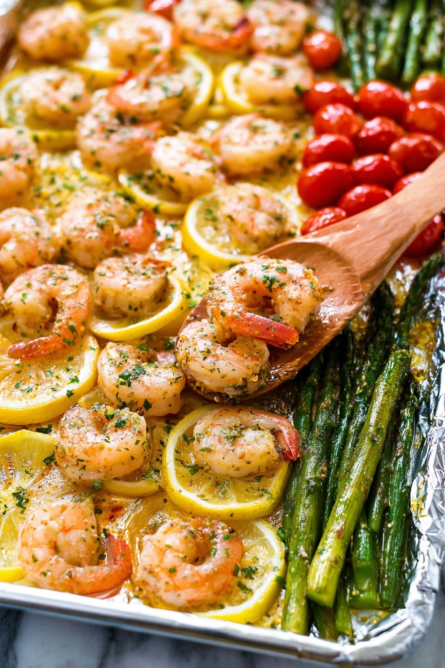 The image shows a silver tray with two main sections. On the left side, there is a layer of cooked shrimp that are pinkish-orange with small black herbs sprinkled on top, arranged over several thin lemon slices that are bright yellow with a hint of white rind. On the right side, there is a layer of green asparagus pieces cut into small chunks mixed with shiny, round red cherry tomatoes. The tray has a slightly crinkled silver foil base, and the background surface is a white marbled texture. photo taken with an iphone --ar 2:3 --v 7
