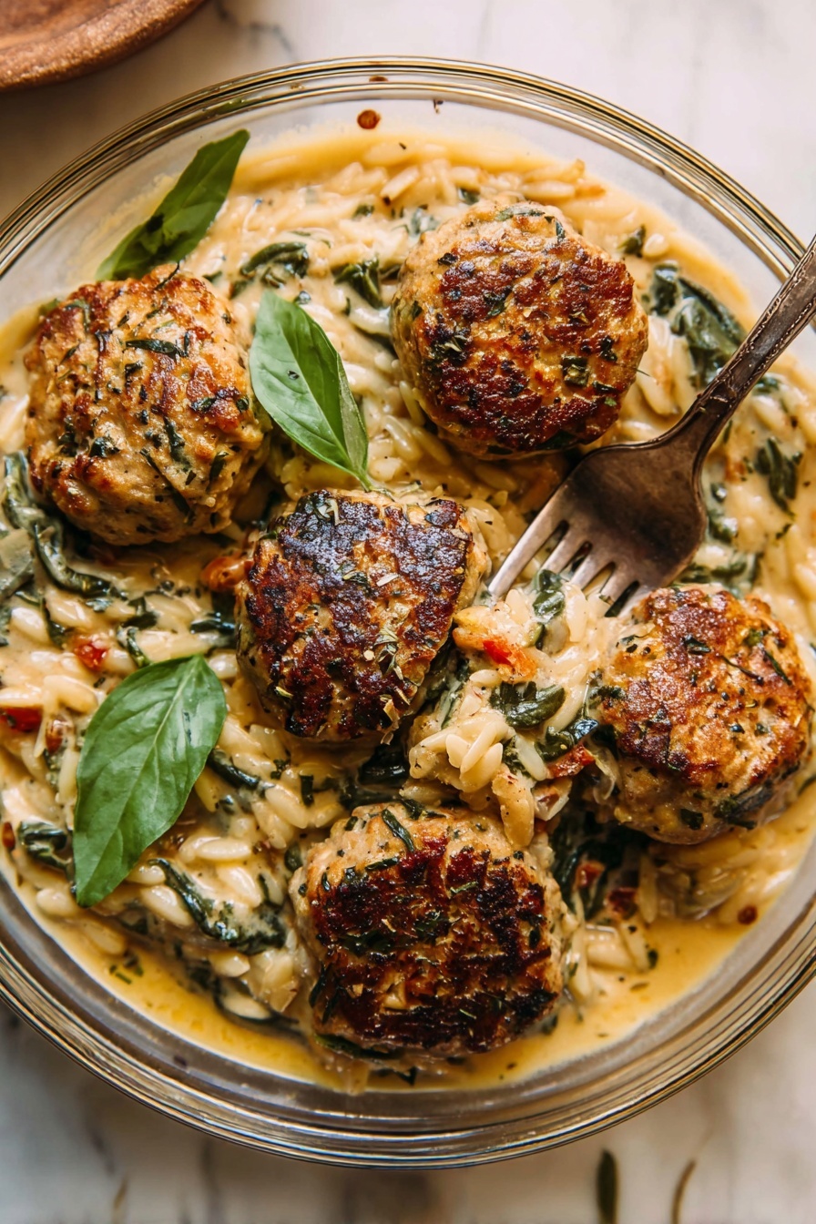 A white speckled plate holds five browned, round chicken patties seasoned with herbs, sitting atop a creamy, light beige orzo dish mixed with dark green spinach leaves and small orange bits, possibly tomatoes. The orzo looks soft and creamy, filling the plate fully with some oil or sauce pooling around the chicken. A metal spoon and fork rest on the left side of the plate, slightly touching the food. A few fresh green basil leaves garnish the top, adding a pop of color. The plate is placed on a white marbled surface with soft, warm lighting. photo taken with an iphone --ar 2:3 --v 7
