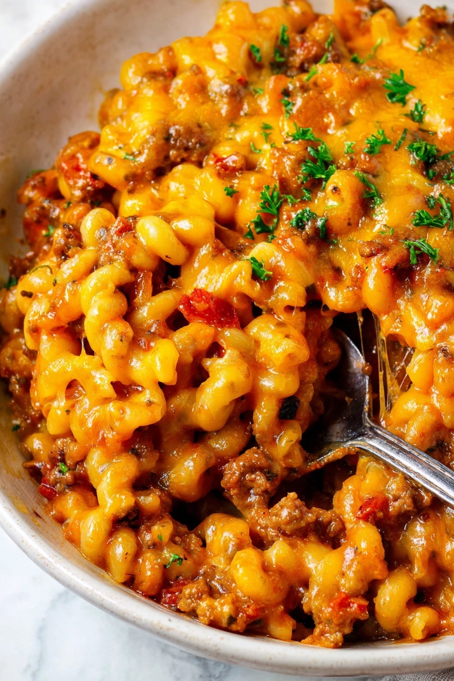 A close-up view of a dish in a white bowl showing one main layer of macaroni pasta mixed with a rich, golden-brown melted cheese sauce and small pieces of browned meat scattered throughout. The cheese has a smooth, slightly shiny texture with browned spots indicating it was baked or broiled. Fresh green parsley is sprinkled over the top, adding bright green color and freshness. A silver spoon with an ornate handle rests inside the bowl, partially covered by the pasta. The bowl sits on a white marbled surface. Photo taken with an iphone --ar 2:3 --v 7