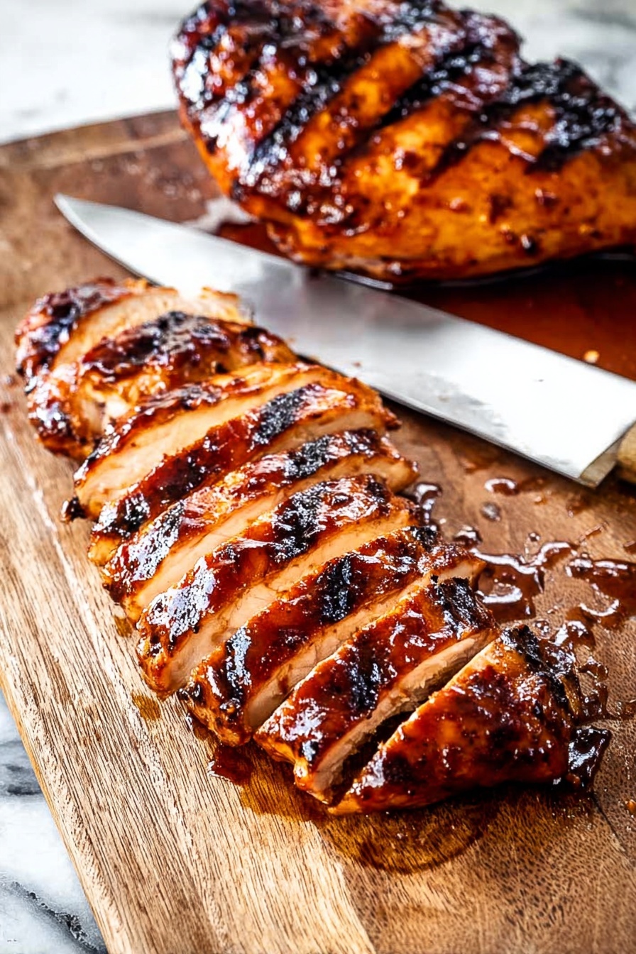 The image shows a wooden board with a grilled chicken breast sliced into seven thick pieces arranged in a neat row, with a glossy, dark brown, and slightly charred surface showing a shiny glaze. Behind the sliced chicken, there is a whole grilled chicken breast with the same dark brown, glazed, and charred texture. A large knife with a white handle rests on the board near the chicken. The board has some juices and the background is a white marbled texture. photo taken with an iphone --ar 2:3 --v 7