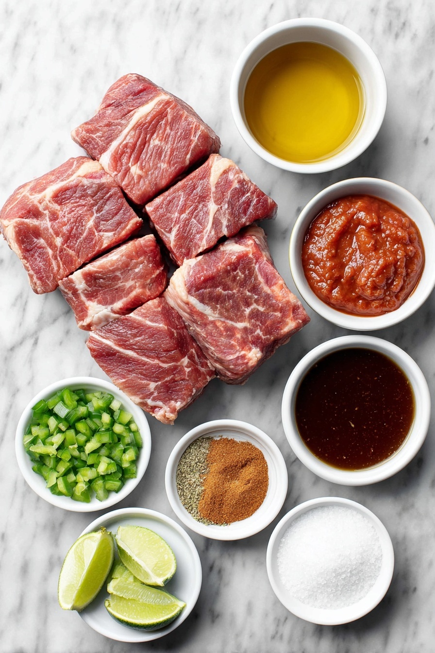 Flat lay of fresh raw boneless beef chuck roast pieces with visible marbling, a small white ceramic bowl of golden vegetable oil, a neat pile of mixed chili powder, ground cumin, garlic powder, onion powder, smoked paprika, ground pepper, ground coriander, and chipotle chili powder arranged in a simple white bowl, a small white bowl filled with deep red tomato paste, a small white bowl of bright green diced fresh green chilies, a small white bowl containing smooth medium-colored salsa, a small white bowl of light brown granulated brown sugar, a small white bowl of fresh lime wedges, a small white bowl of dried oregano leaves, a small white bowl with red-brown beef bouillon granules, a small white bowl filled with rich dark beef broth, all ingredients arranged in perfect symmetry, placed on a clean white marble surface, soft natural light, photo taken with an iPhone, professional food photography style, fresh ingredients, white ceramic bowls, no bottles, no duplicates, no utensils, no packaging --ar 2:3 --v 7 --p m7354615311229779997