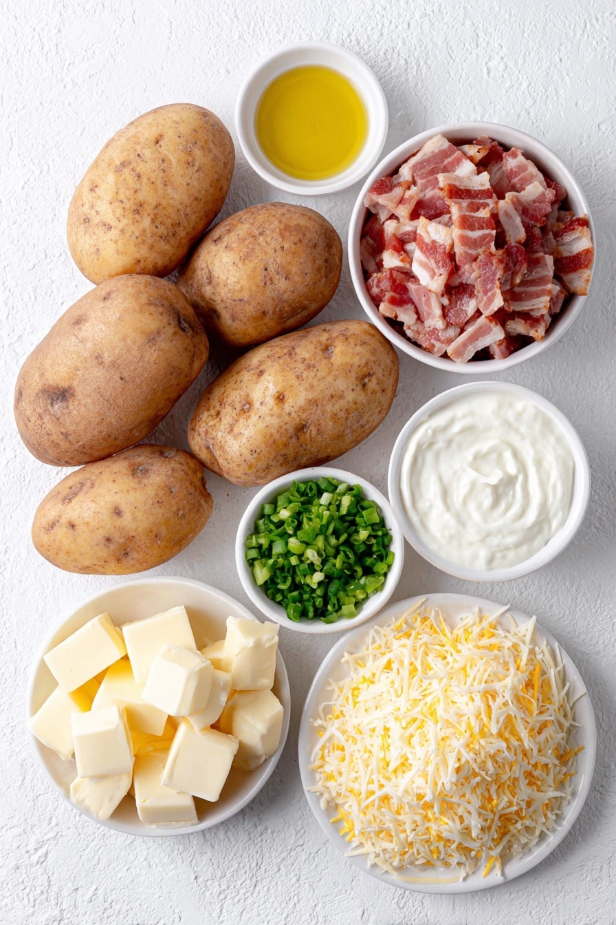 Flat lay of five medium russet potatoes with natural dirt marks, a small drizzle of golden olive oil in a white ceramic bowl, a pile of thick cut raw bacon chunks, softened cubed unsalted butter in a small white bowl, a white bowl filled with creamy sour cream, a small white bowl of warm milk, fresh green parsley sprigs, a small white bowl with bright green chopped green onions, freshly grated sharp cheddar cheese mounded on a white plate, freshly grated Gruyere cheese on a separate white plate, all arranged with perfect symmetry on a clean white marble surface, soft natural light, photo taken with an iPhone, professional food photography style, fresh ingredients, white ceramic bowls, no bottles, no duplicates, no utensils, no packaging --ar 2:3 --v 7 --p m7354615311229779997
