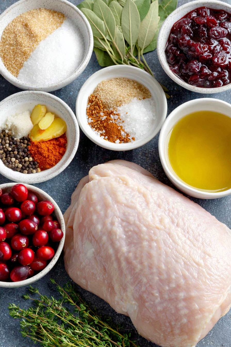 Flat lay of a fresh boneless turkey breast with smooth pale pink skin, a small white ceramic bowl of coarse kosher salt, a small white ceramic bowl of light brown packed brown sugar, a few thin slices of fresh ginger root with light yellow interior, a small pile of whole black peppercorns, four fresh green bay leaves, four sprigs of vibrant green thyme, a small white ceramic bowl filled with clear white wine, a small white ceramic bowl with bright orange juice, a small white ceramic bowl of golden olive oil, a small white ceramic bowl with deep red paprika powder, a small white ceramic bowl of fine white salt, a small white ceramic bowl of light brown garlic powder, a small white ceramic bowl of dark ground black pepper, a small white ceramic bowl of pale beige onion powder, a small white ceramic bowl with reddish cayenne pepper powder, a small white ceramic bowl of dark brown ground cloves, a small white ceramic bowl of green dried oregano, a small white ceramic bowl of dried thyme leaves, a small white ceramic bowl piled with glossy fresh red cranberries, a few thin strips of fresh ginger root, a small white ceramic bowl containing bright orange zest, a small white ceramic bowl of amber honey, a small white ceramic bowl of fine brown sugar, a small white ceramic bowl of warm brown ground cinnamon, a small white ceramic bowl with orange juice, a small white ceramic bowl with clear water, a small white ceramic bowl with pale orange liqueur, all arranged symmetrically and balanced, placed on a clean white marble surface, soft natural light, photo taken with an iPhone, professional food photography style, fresh ingredients, white ceramic bowls, no bottles, no duplicates, no utensils, no packaging --ar 2:3 --v 7 --p m7354615311229779997