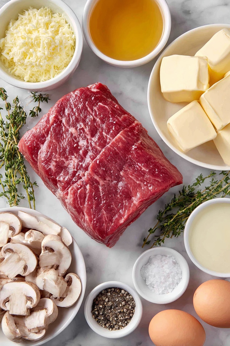 Flat lay of a tied whole center cut beef tenderloin with a clean natural red color and firm texture, a few fresh thyme sprigs with bright green leaves, a small white ceramic bowl of softened pale yellow unsalted butter mixed with finely grated garlic and chopped thyme, a pile of thinly sliced white mushrooms with smooth caps, a small white ceramic bowl containing light golden Italian marsala wine, another small white ceramic bowl filled with pale beige low sodium chicken stock, a small white ceramic bowl with thick white heavy cream, a few whole uncracked light brown eggs, and a small white ceramic bowl with coarse kosher salt and another with freshly ground black pepper, all ingredients arranged symmetrically with balanced spacing, placed on a clean white marble surface, soft natural light, photo taken with an iPhone, professional food photography style, fresh ingredients, white ceramic bowls, no bottles, no duplicates, no utensils, no packaging --ar 2:3 --v 7 --p m7354615311229779997