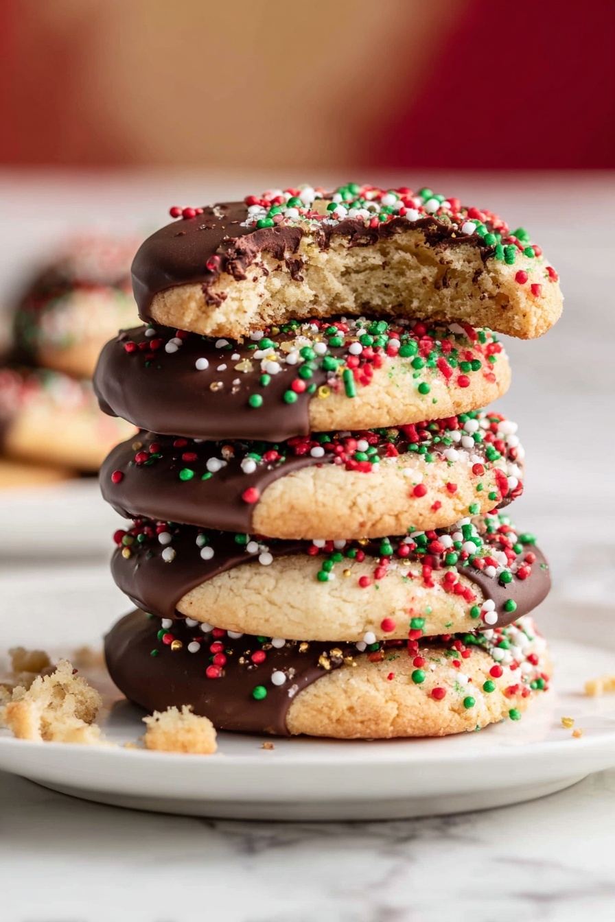 The image shows many round cookies with a light brown, crumbly texture. Each cookie is partly dipped in smooth, dark brown chocolate covering about half of the cookie's top side. On the chocolate part, there are colorful sprinkles in red, green, white, and some small flat round shapes mixed with longer strands. The cookies are placed closely together on a white marbled surface with a few crumbs scattered around. Photo taken with an iphone --ar 2:3 --v 7